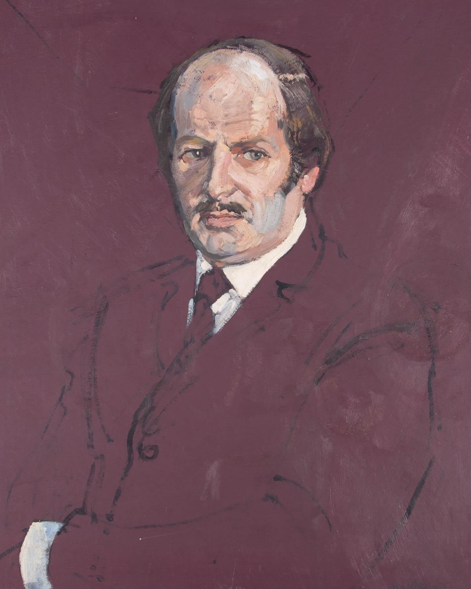 This charming portrait depicts a stern looking man staring into the distance. His burgundy suit blends into the burgundy background, bringing out the colour in his face and the stark whiteness of his shirt. Painted in gestural, loose brushstrokes