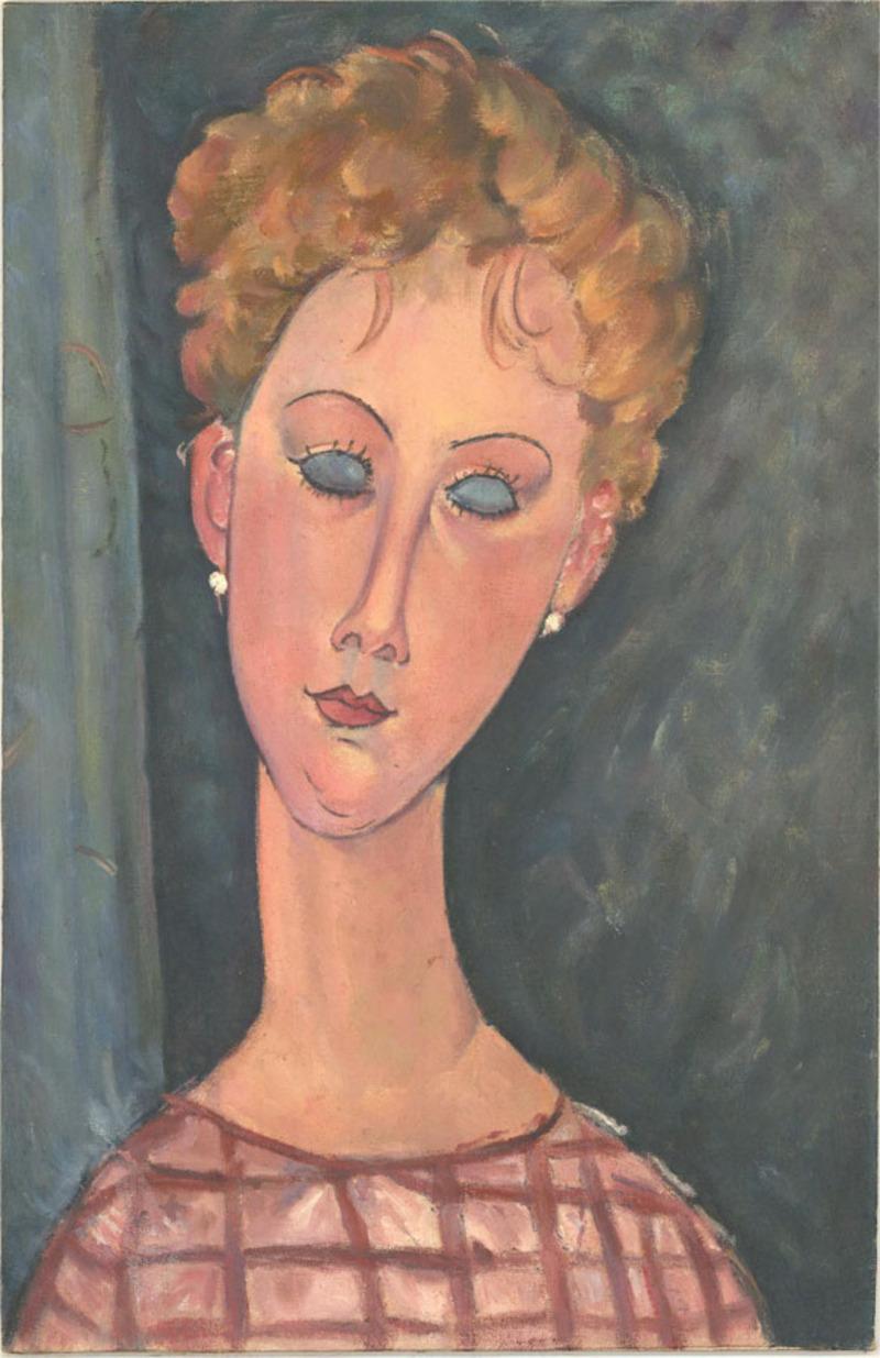 A delightful portrait in the style of Amedeo Modigliani (1884-1920). Studio stamp for Alec Wiles, 2021 to the reverse. Unsigned. On canvas laid to board.
