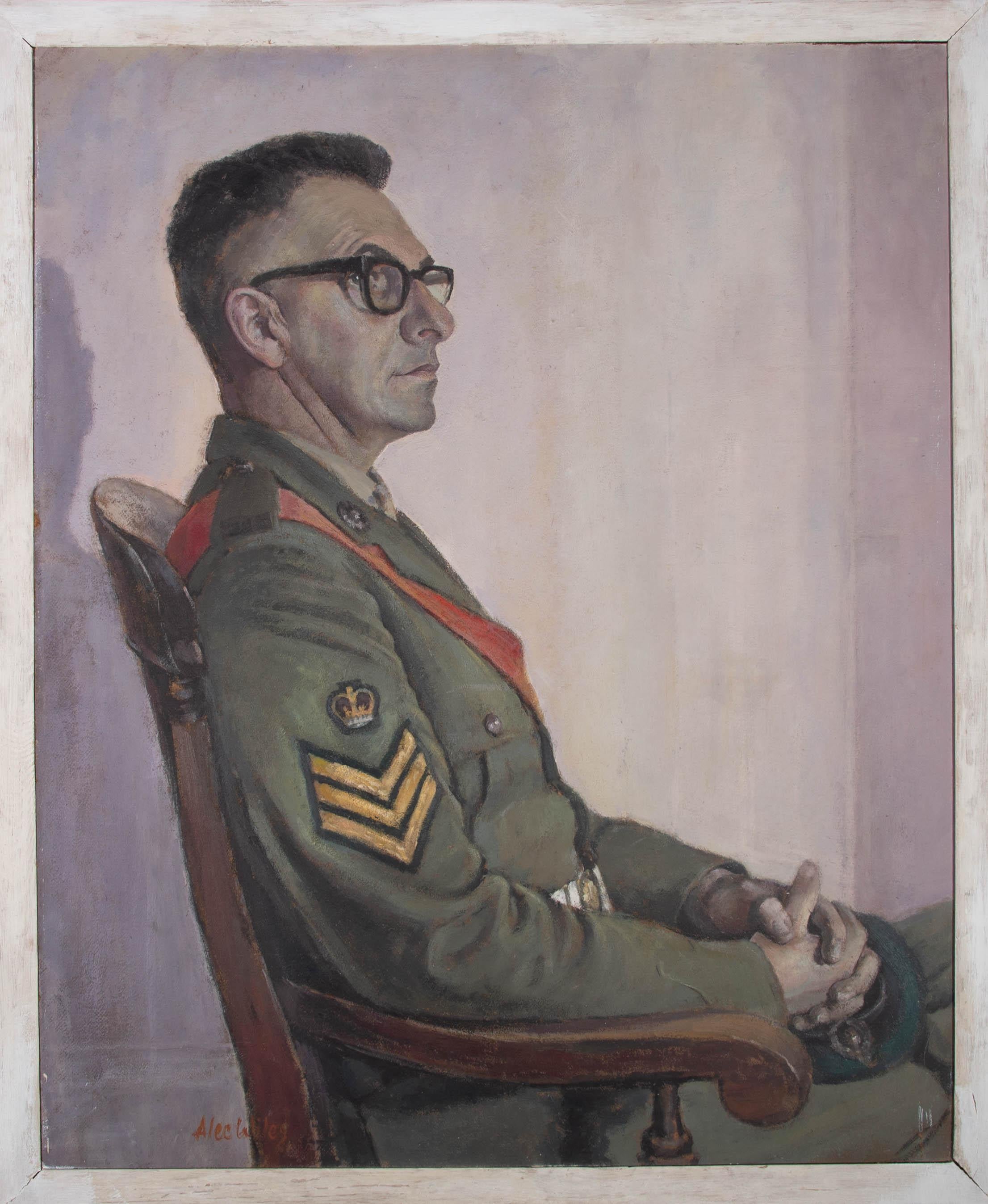 A large and finely executed portrait of a sergeant in the Royal Marines. the holds his green beret in his lap which displays the badge of a Great Globe surrounded by laurels. The posture of the sitter is commanding and assured, seated to the side in