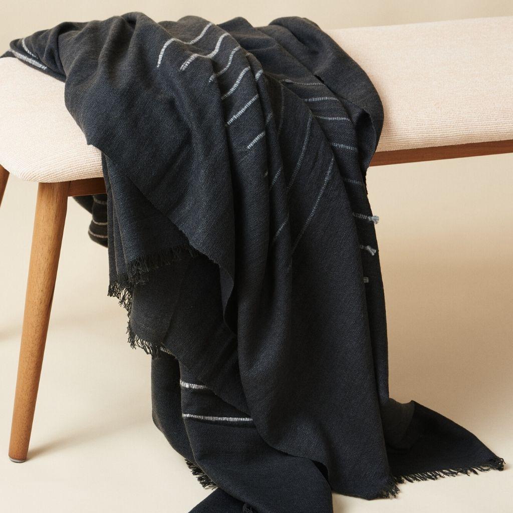  Alei Handloom Throw / Blanket In Charcoal Black , Stripes Pattern  In New Condition For Sale In Bloomfield Hills, MI