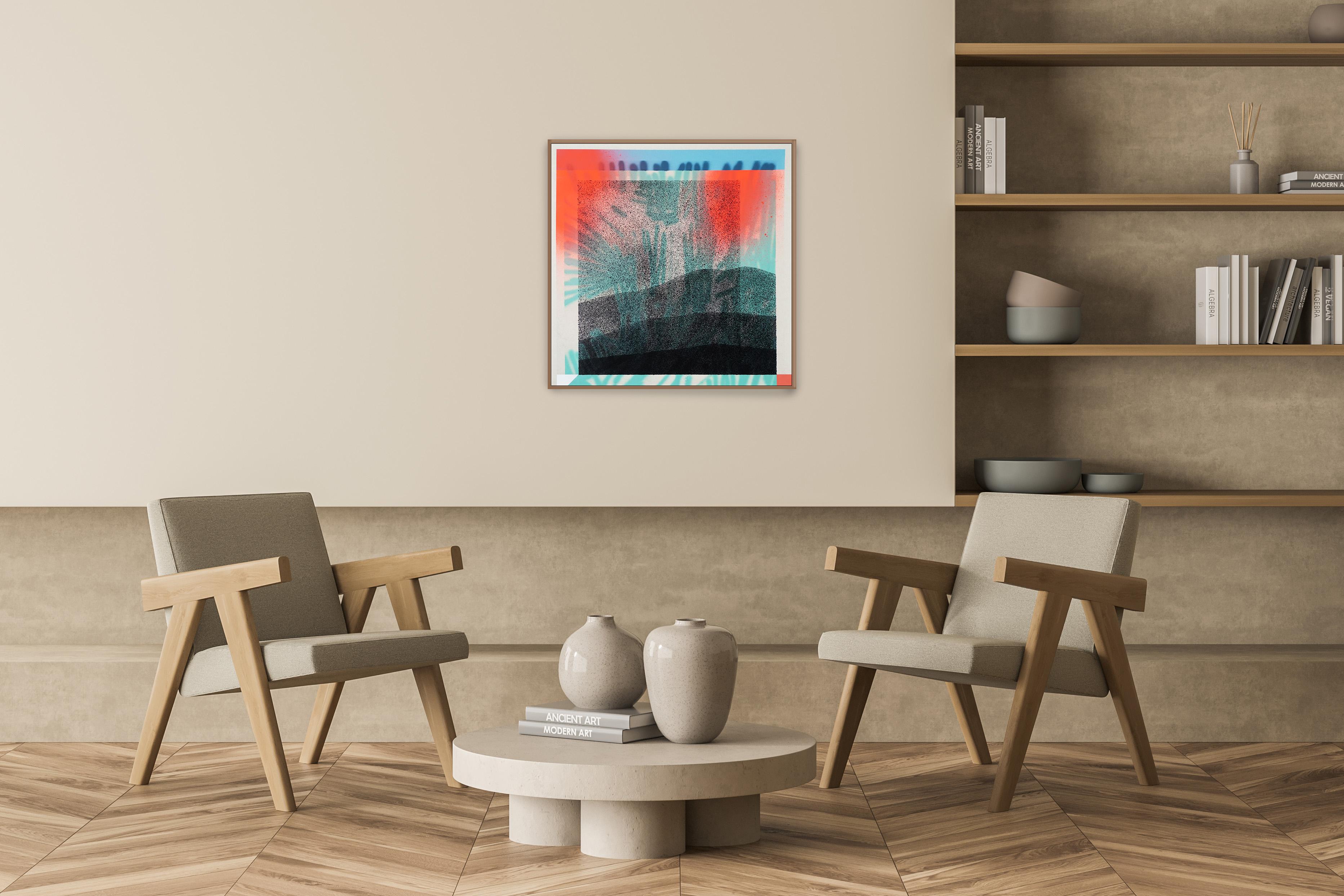 Found Space, Abstract Expressionist Landscape, Orange Lava, Green Leaves Lights - Gray Landscape Painting by Aleix Font