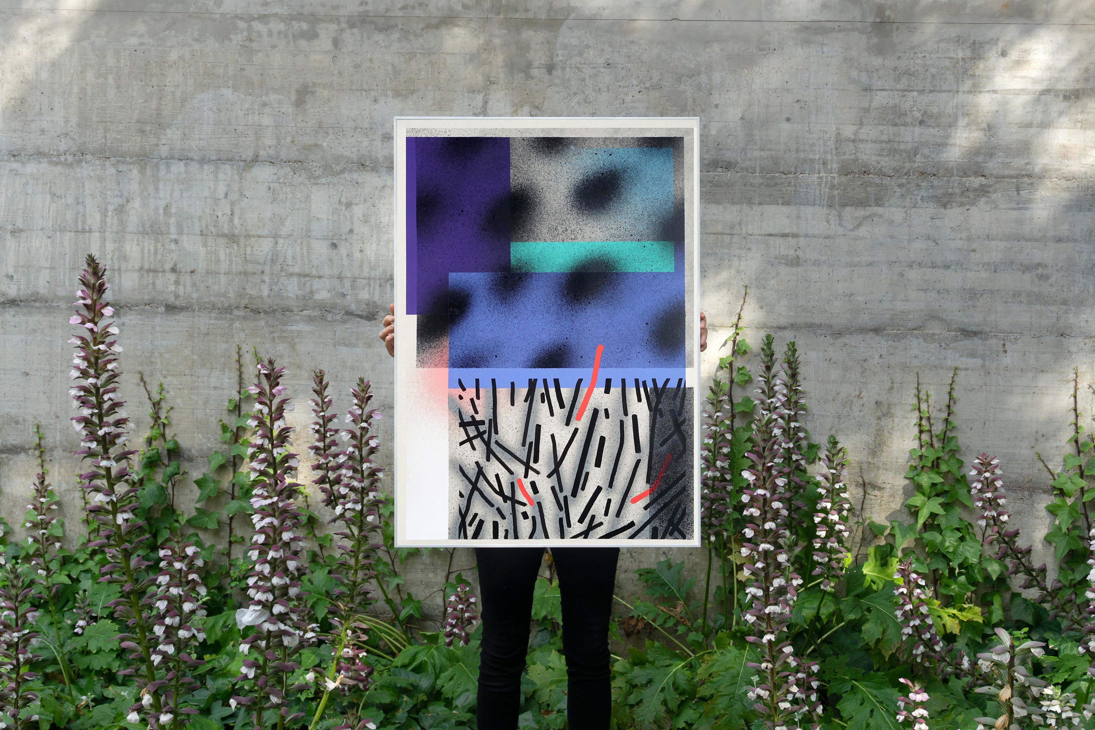 Goya Disorders II, Dark Urban Style Painting on Papyrus, Brush Gestures Graffiti - Purple Abstract Painting by Aleix Font