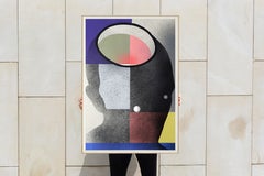 Indoors, Figurative Painting Portrait in Black, Square Shapes in Yellow & Pink