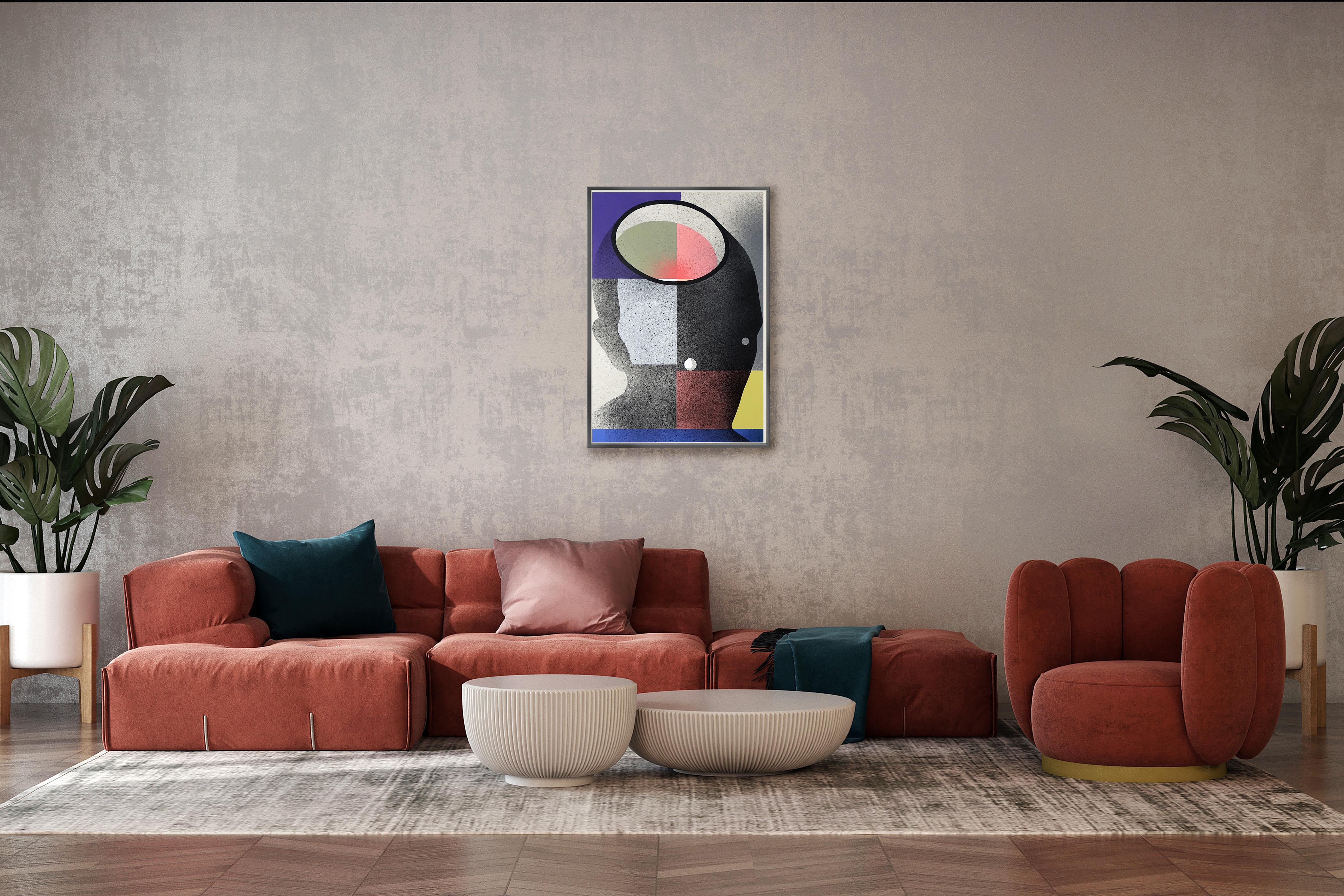 Indoors, Figurative Painting Portrait in Black, Square Shapes in Yellow & Pink For Sale 1