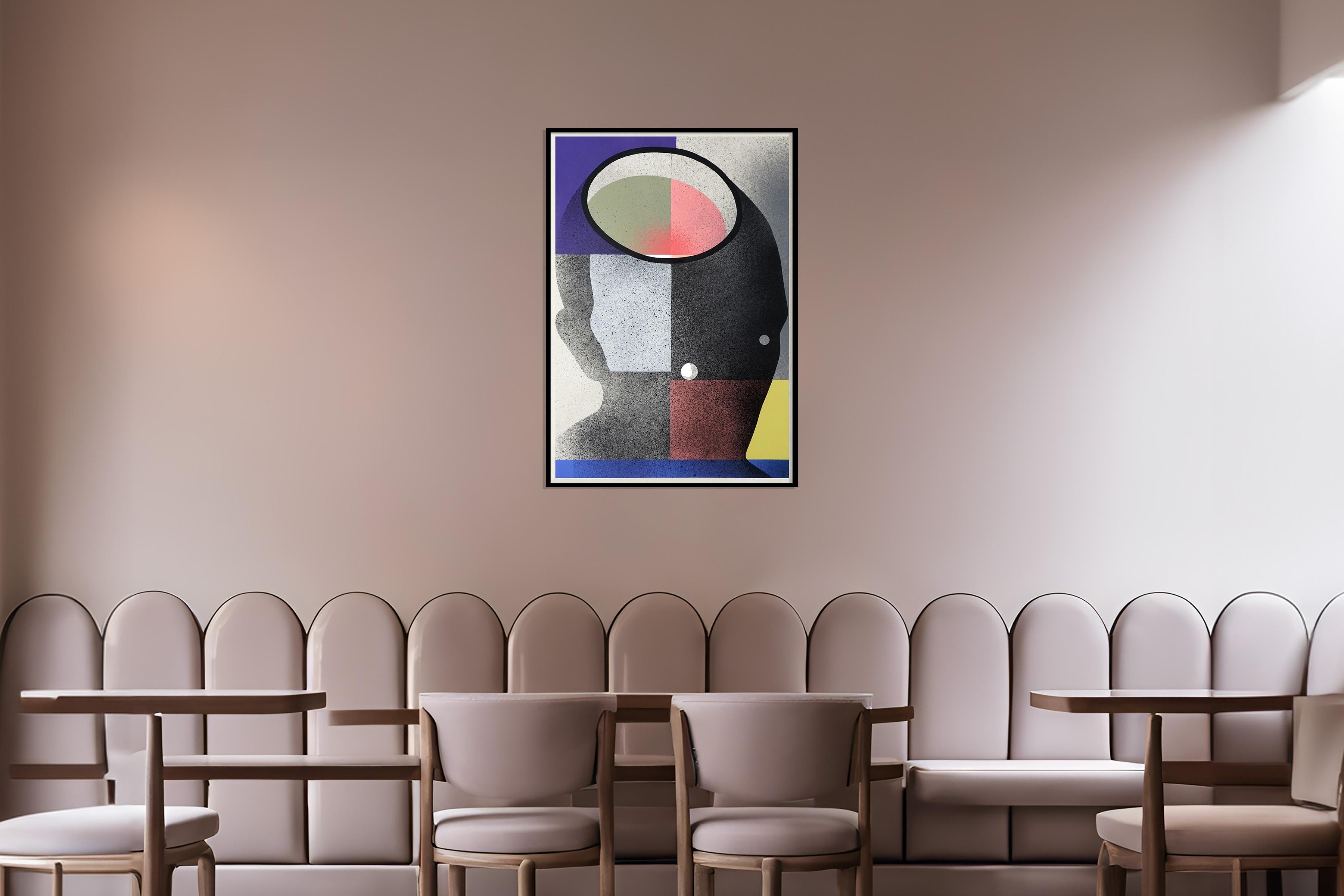 Indoor, figurative Malerei Porträt in Schwarz, quadratische Formen in Gelb & Rosa im Angebot 1