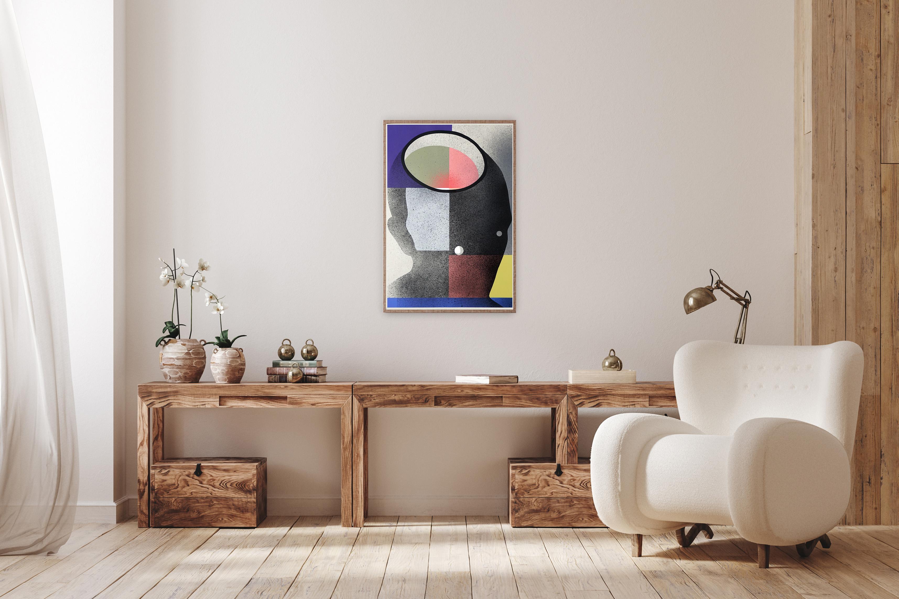 Indoor, figurative Malerei Porträt in Schwarz, quadratische Formen in Gelb & Rosa im Angebot 3
