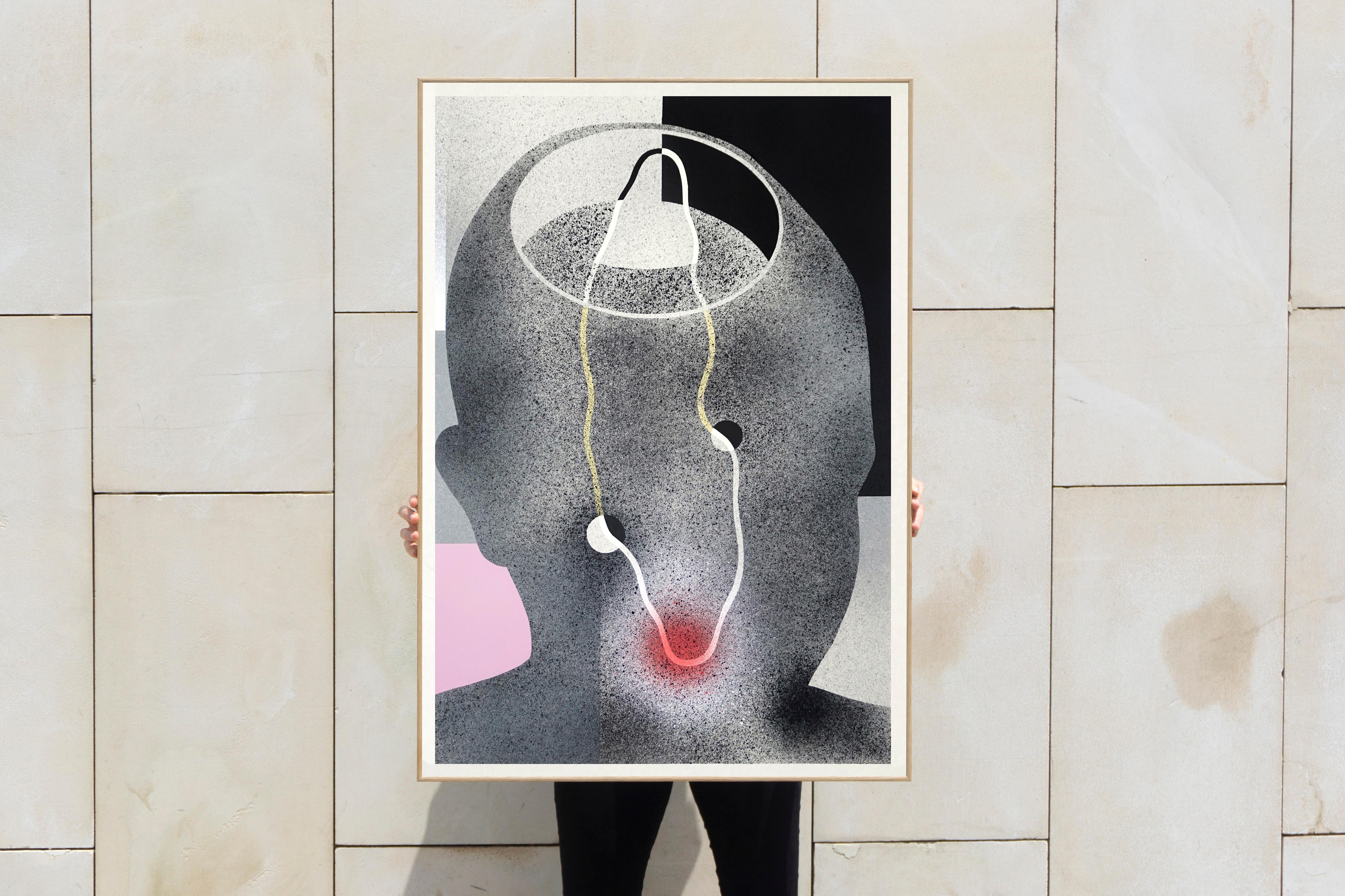 Ritratto in nero, Silhouette del viso, Dettagli rosa, Astratto, Disegno lineare, Whiting - Painting di Aleix Font