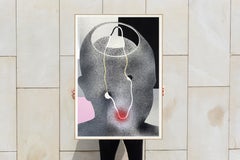 Retrato en Negro, Silueta de Cara, Detalles en Rosa, Abstracto, Dibujo Lineal, Blanco