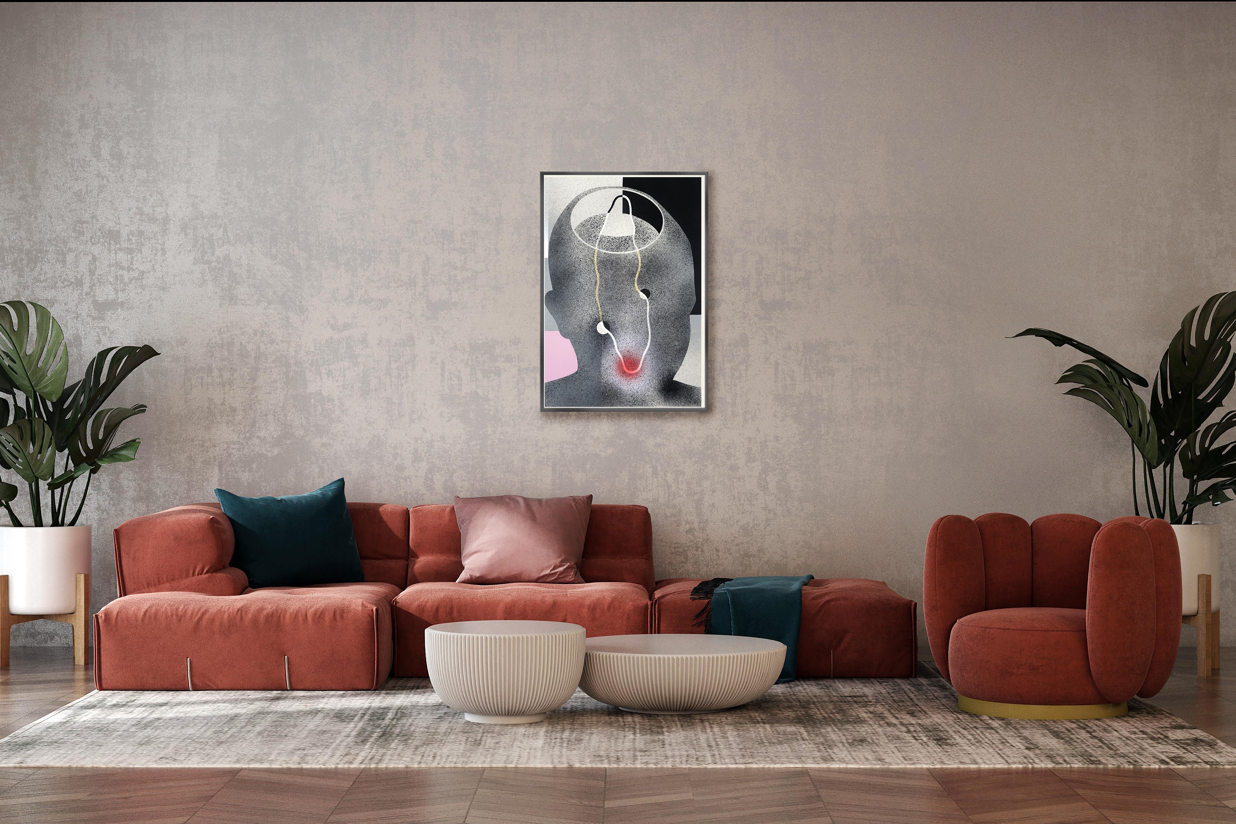 Ritratto in nero, Silhouette del viso, Dettagli rosa, Astratto, Disegno lineare, Whiting - Portrait Painting Grigio di Aleix Font