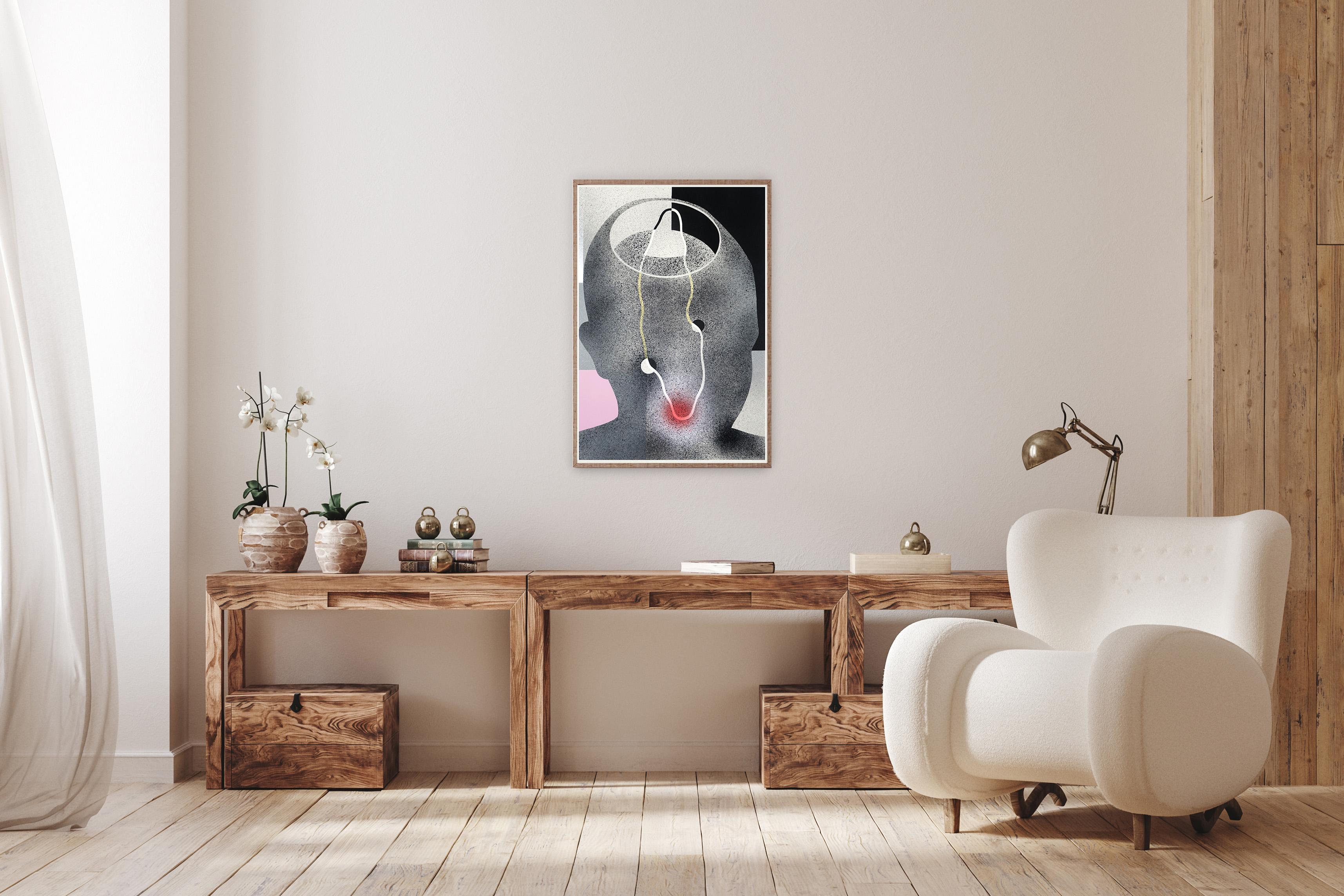 Ritratto in nero, Silhouette del viso, Dettagli rosa, Astratto, Disegno lineare, Whiting in vendita 1