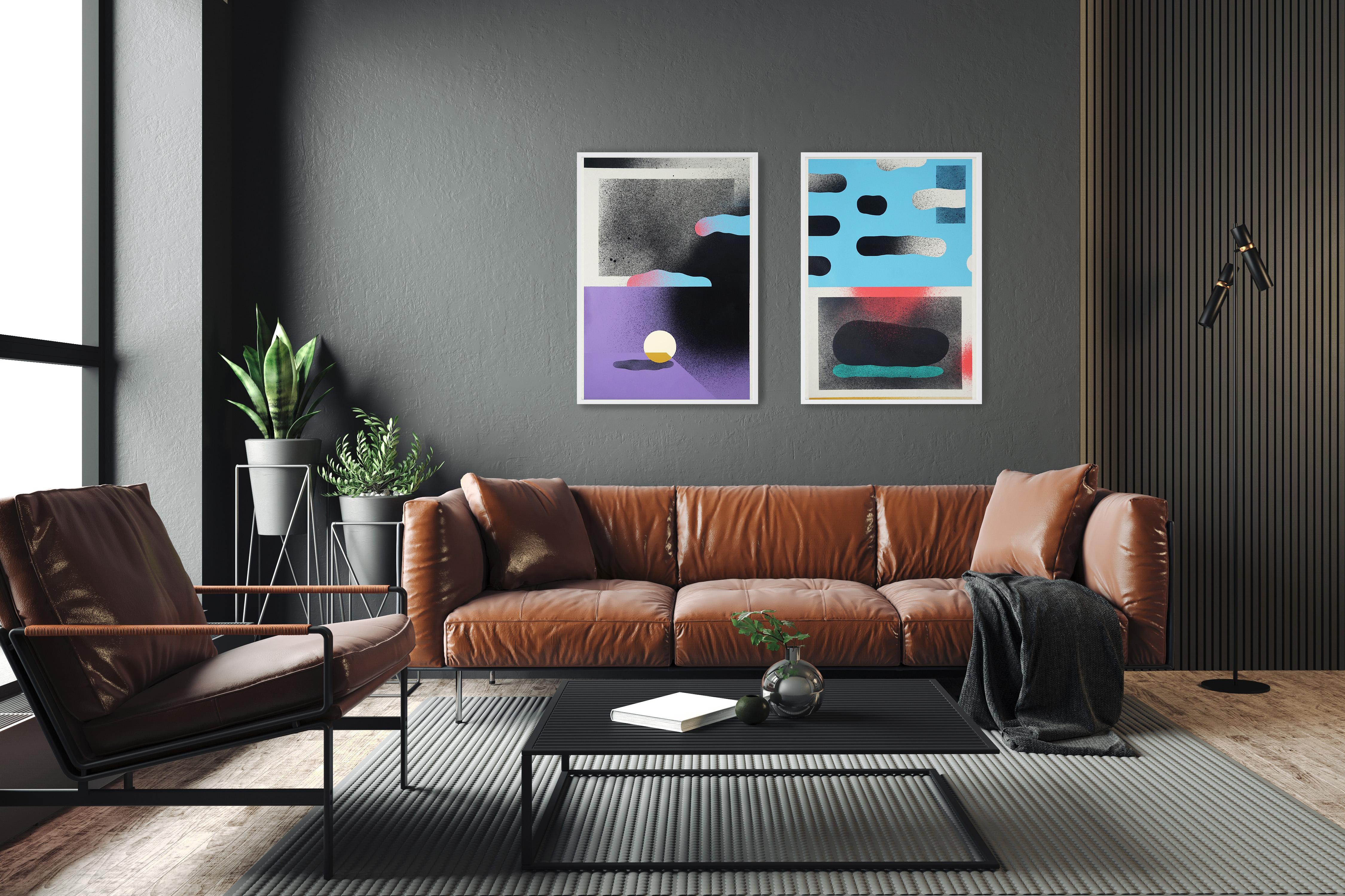 Sky Before the Storm, Dreamy Urban Landscapes Diptych, Purple, Blue, Black, Rock - Contemporary Painting by Aleix Font