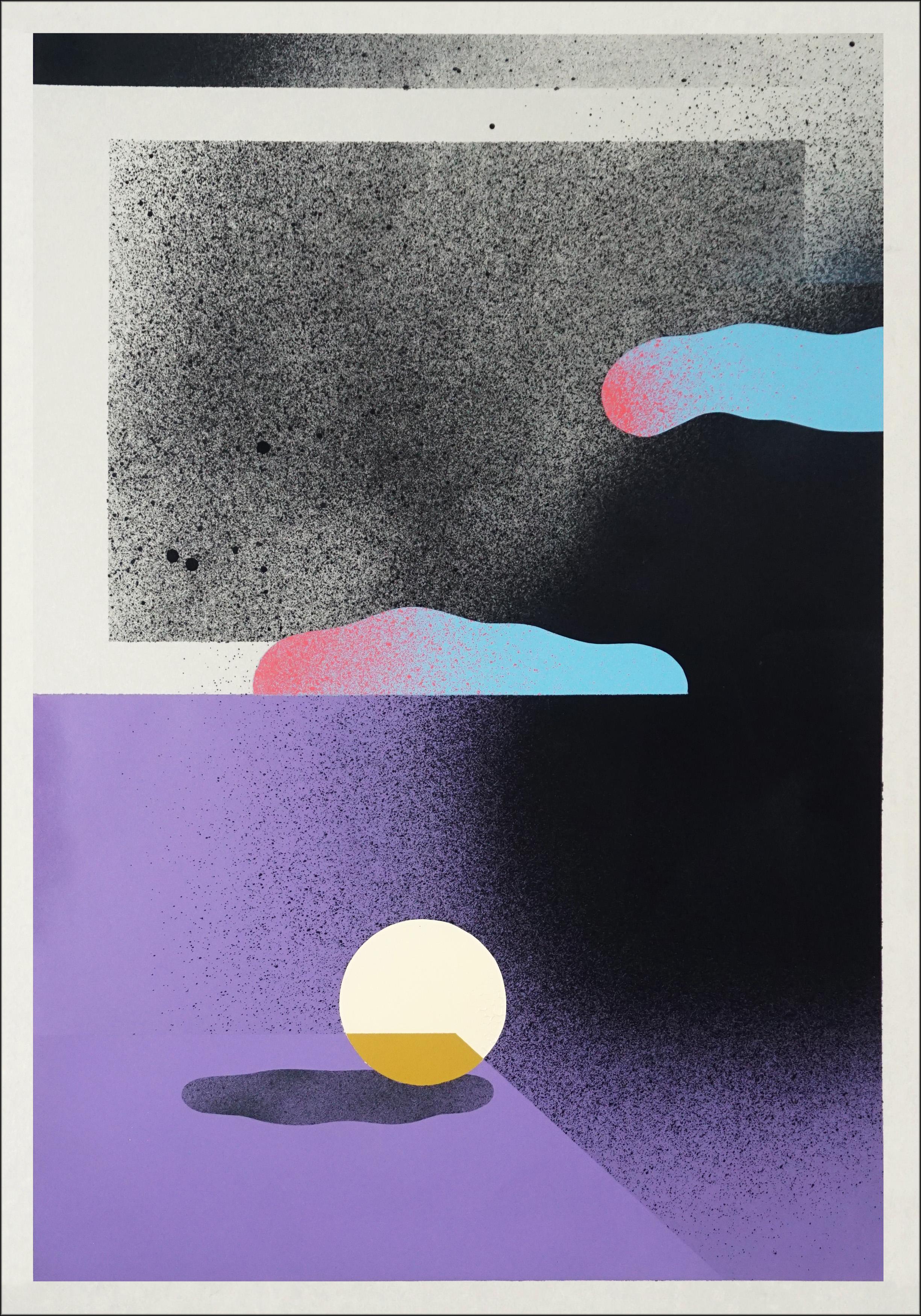 Sky Before the Storm, Dreamy Urban Landscapes Diptych, Purple, Blue, Black, Rock - Gray Figurative Painting by Aleix Font