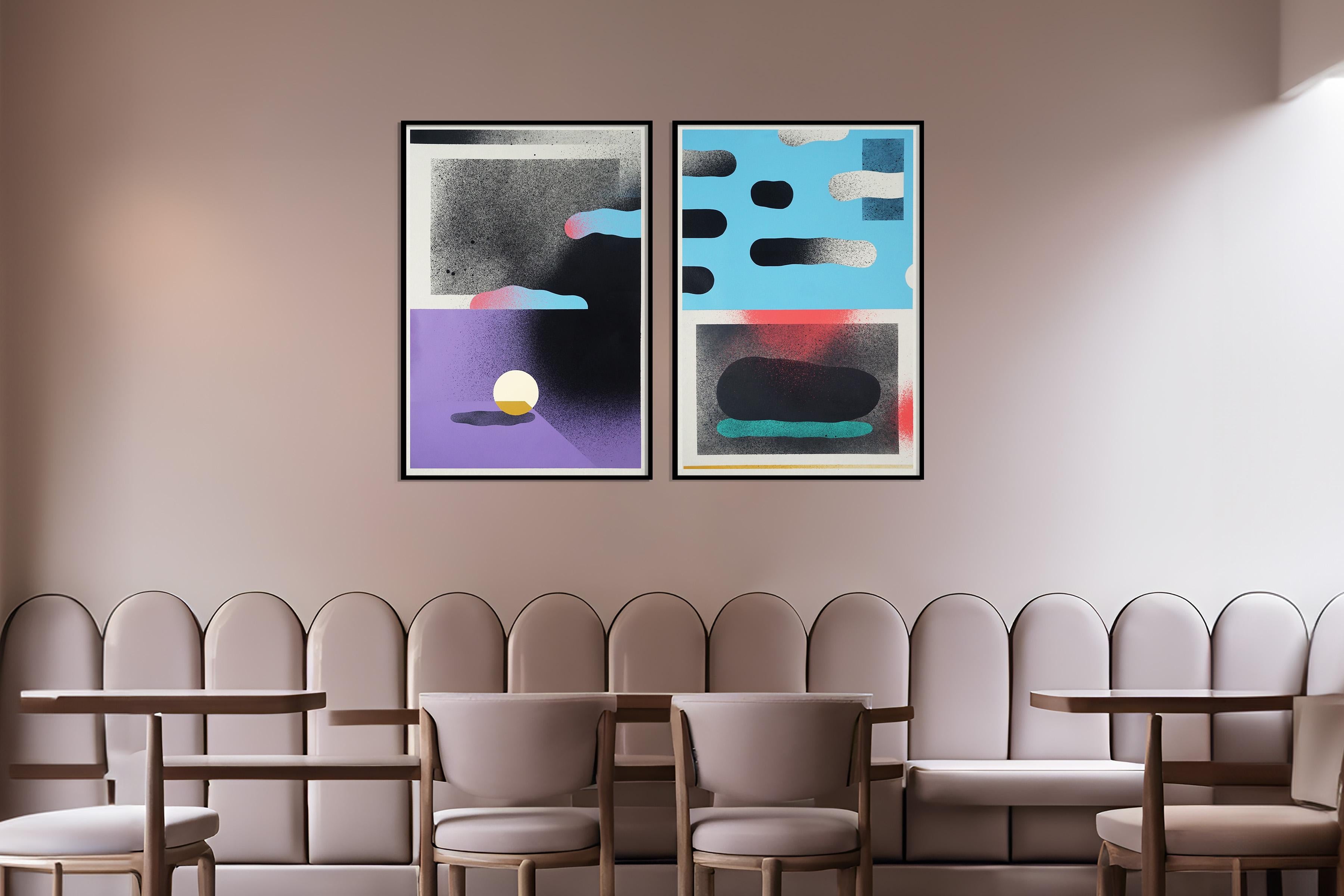 Ciel avant la tempête, Diptyque de paysages urbains rêveurs, violet, bleu, noir, rocher en vente 3