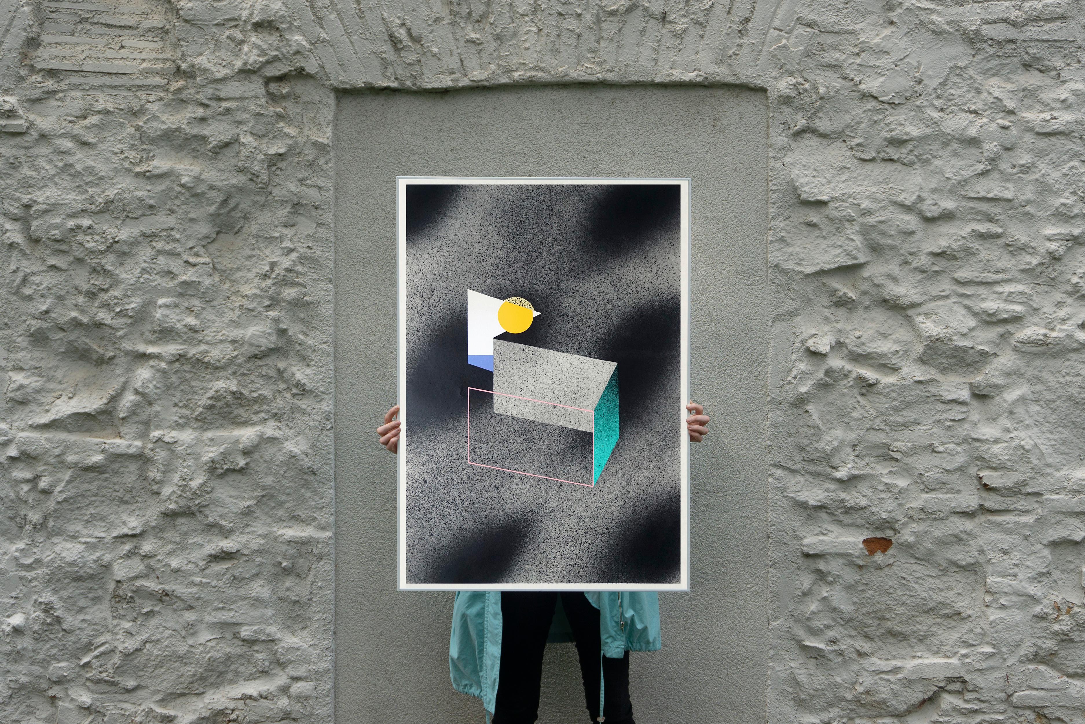 Somewhere II, Minimal Geometric Architecture, Urban Style, Dark Tones, Turquoise - Painting by Aleix Font