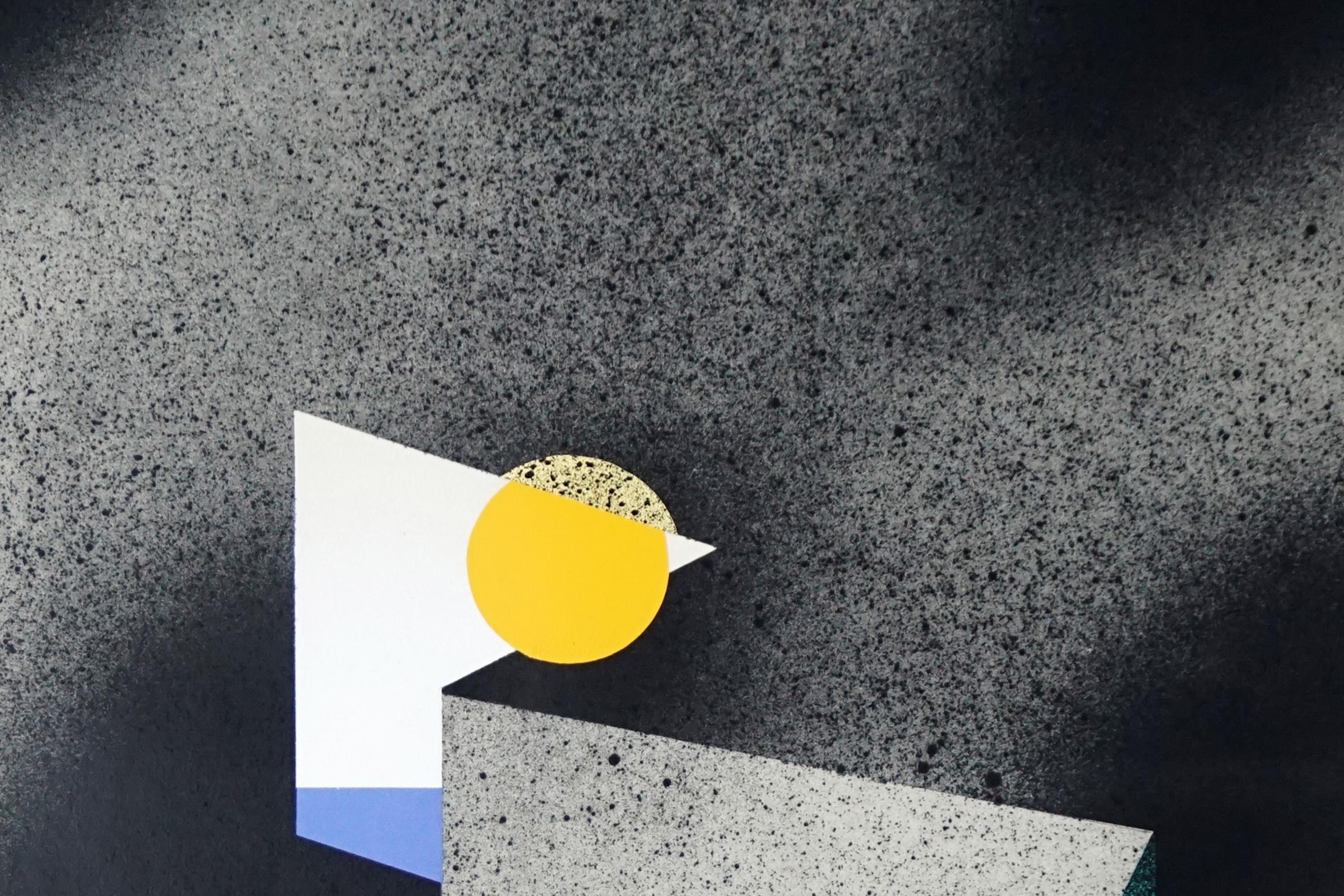 Somewhere II, Minimal Geometric Architecture, Urban Style, Dark Tones, Turquoise - Contemporary Painting by Aleix Font