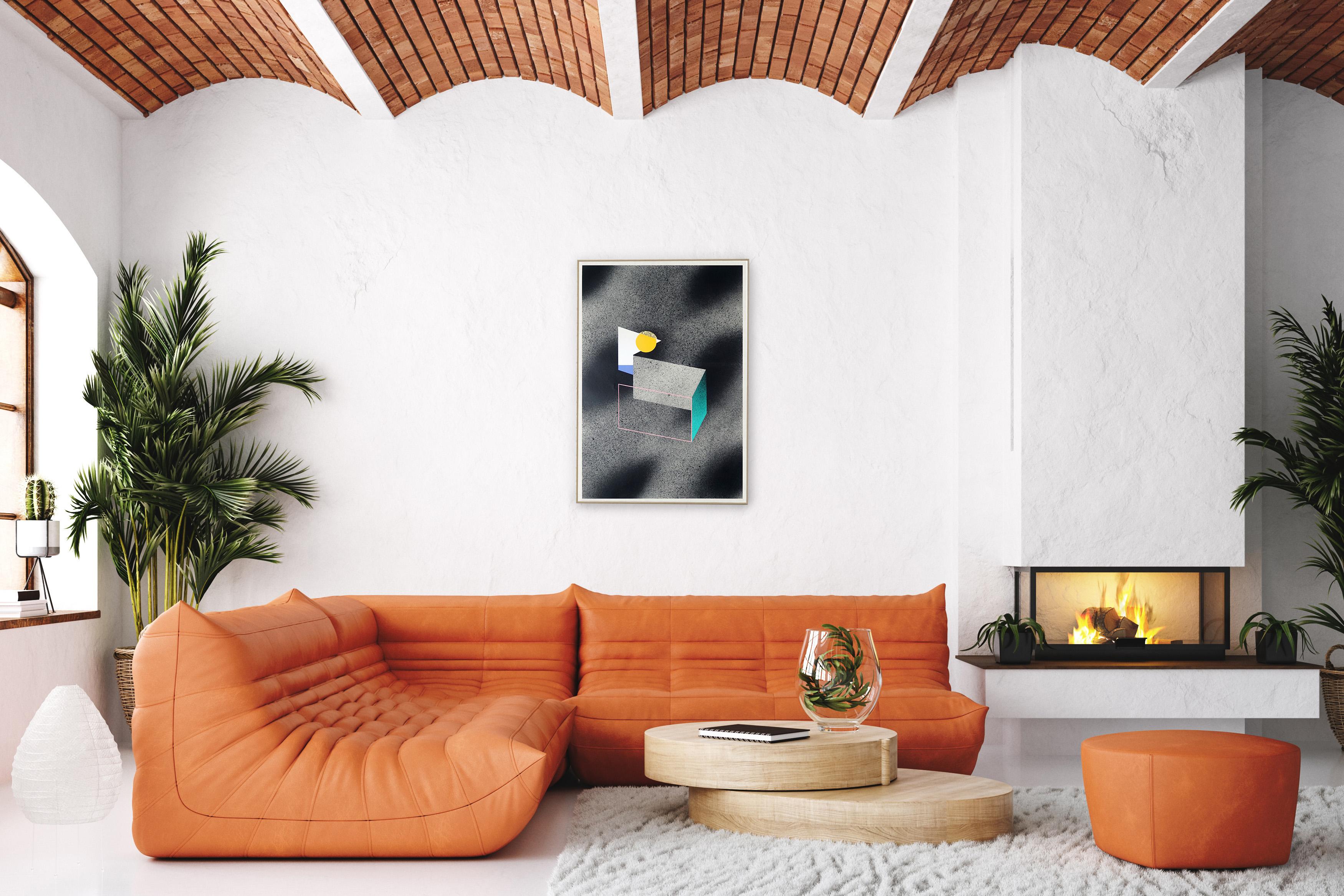Somewhere II, Minimal Geometric Architecture, Urban Style, Dark Tones, Turquoise - Gray Abstract Painting by Aleix Font