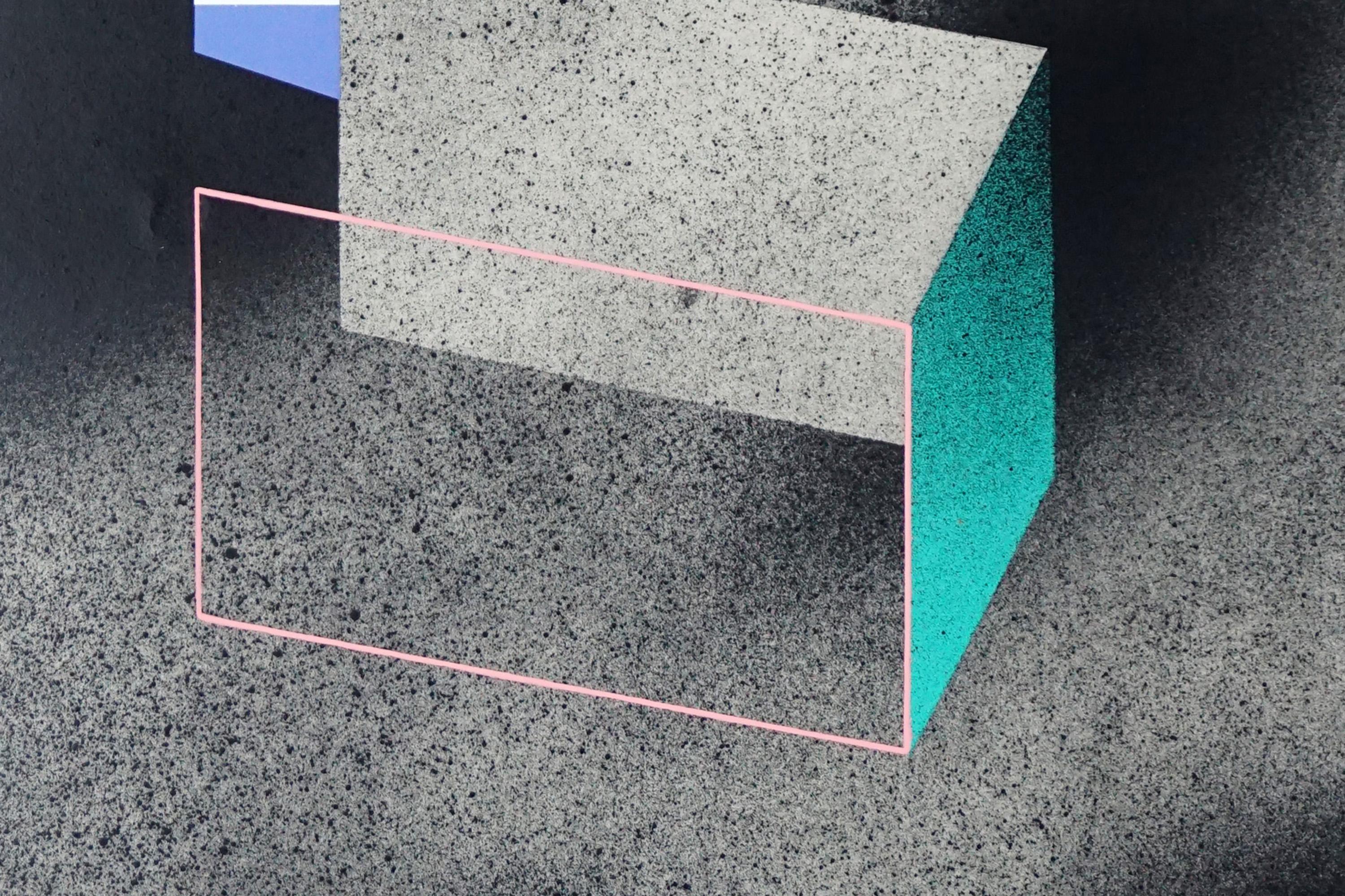 Somewhere II, Minimal Geometric Architecture, Urban Style, Dark Tones, Turquoise For Sale 1
