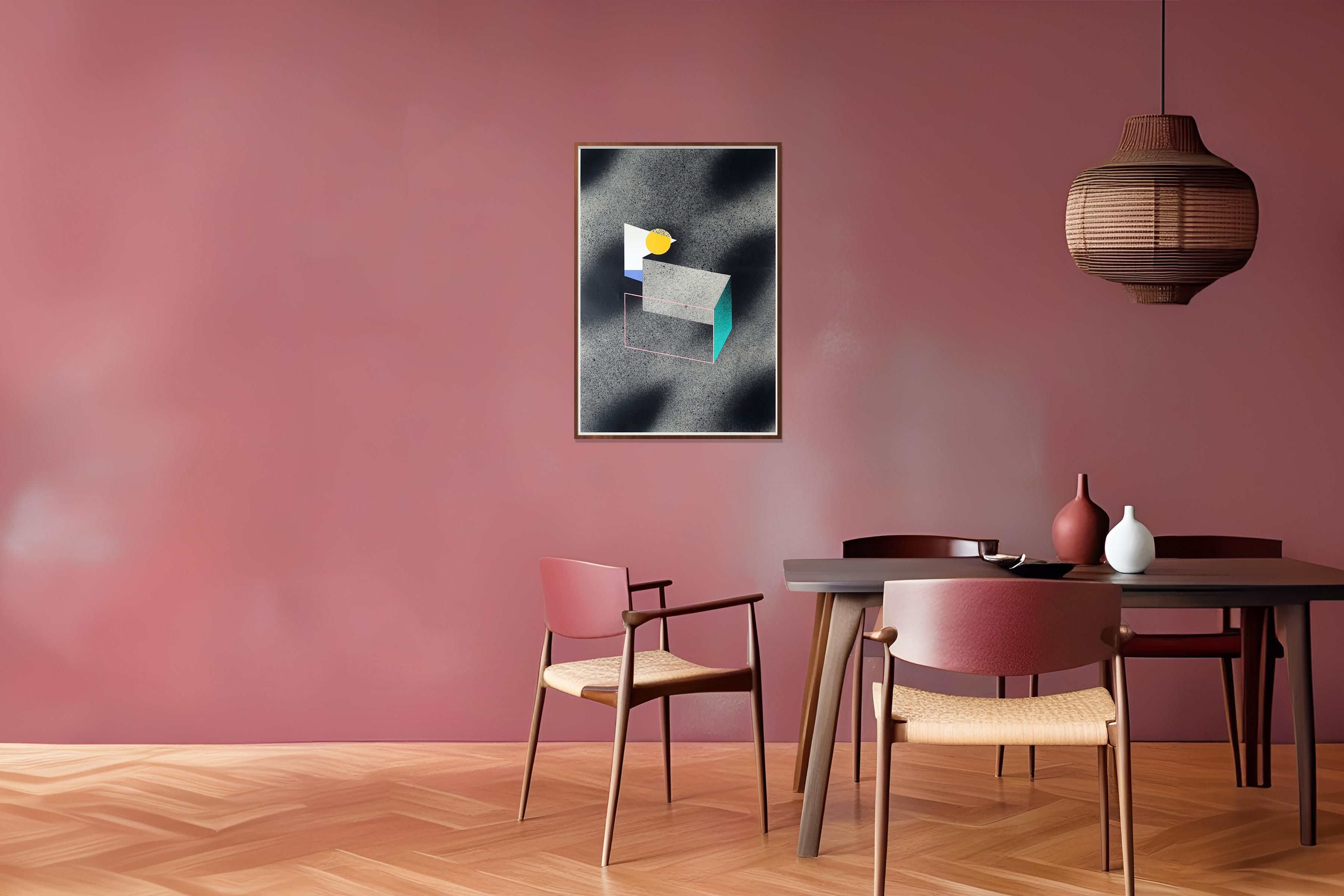 Somewhere II, Minimal Geometric Architecture, Urban Style, Dark Tones, Turquoise For Sale 2