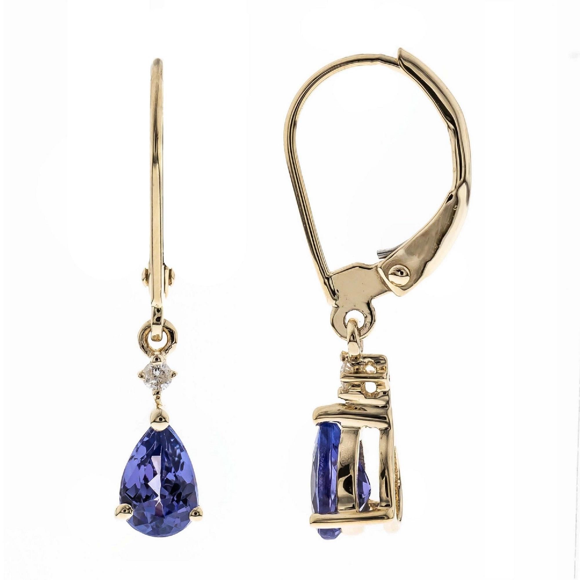 Decorate yourself in elegance with this Earring is crafted from 14K Yellow Gold by Gin & Grace Earring. The jewelry boasts 4X6 Pear-Cut prong setting blue color Tanzanite (2 pcs) 1.0 Carat and Round-Cut prong setting Diamond (2 pcs) 0.03 Carat. This