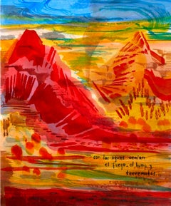 "Con las aguas venía el fuego, el humo y terremotos" figurativo, rosso, paesaggio onirico