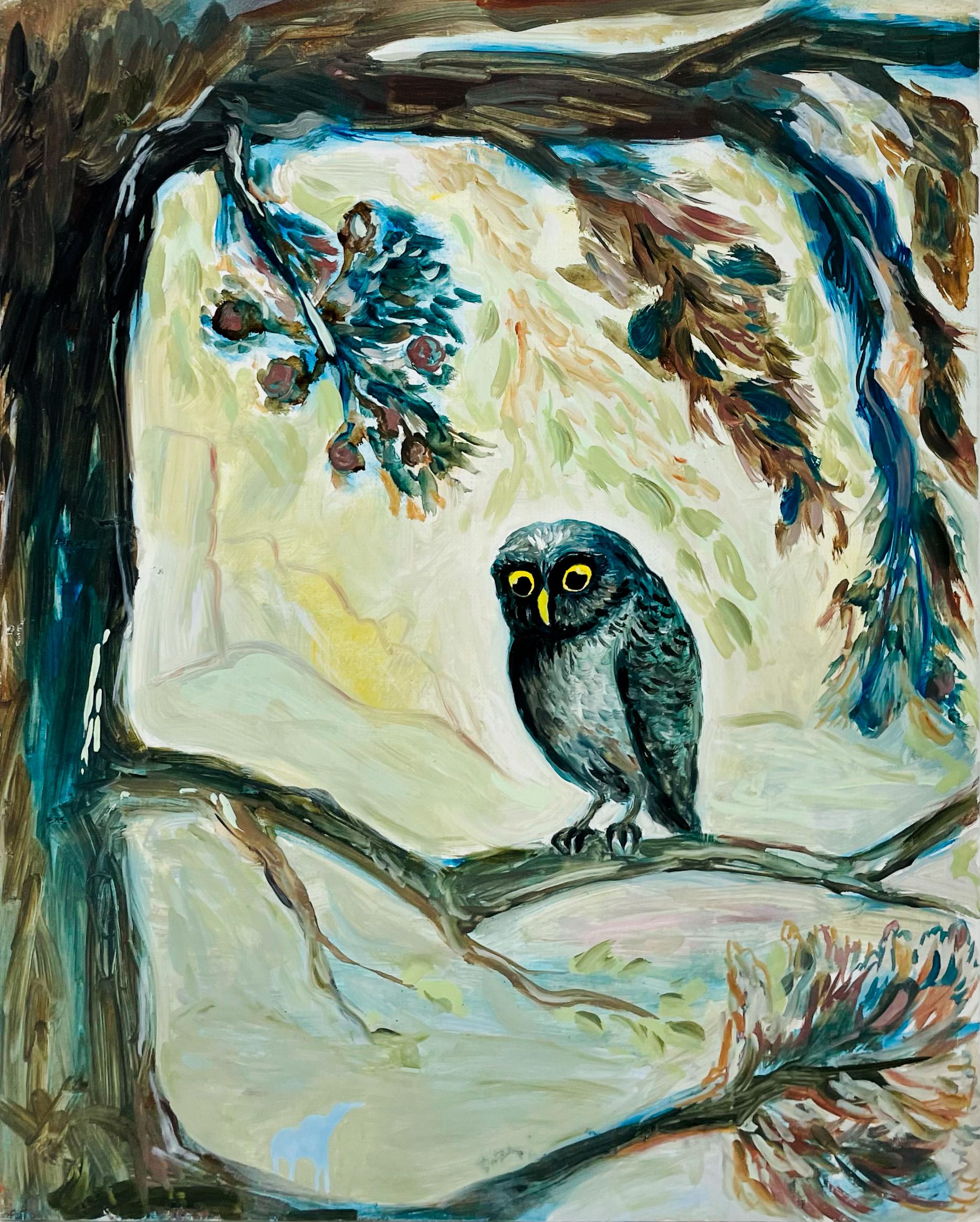 Alejandra España  Animal Painting - "El otro encuentro" - owl, nature, figurative, oil painting, green, blue, brown