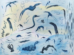 "Entre el cielo, el agua y la tierra" - figurative oil painting, nature, birds