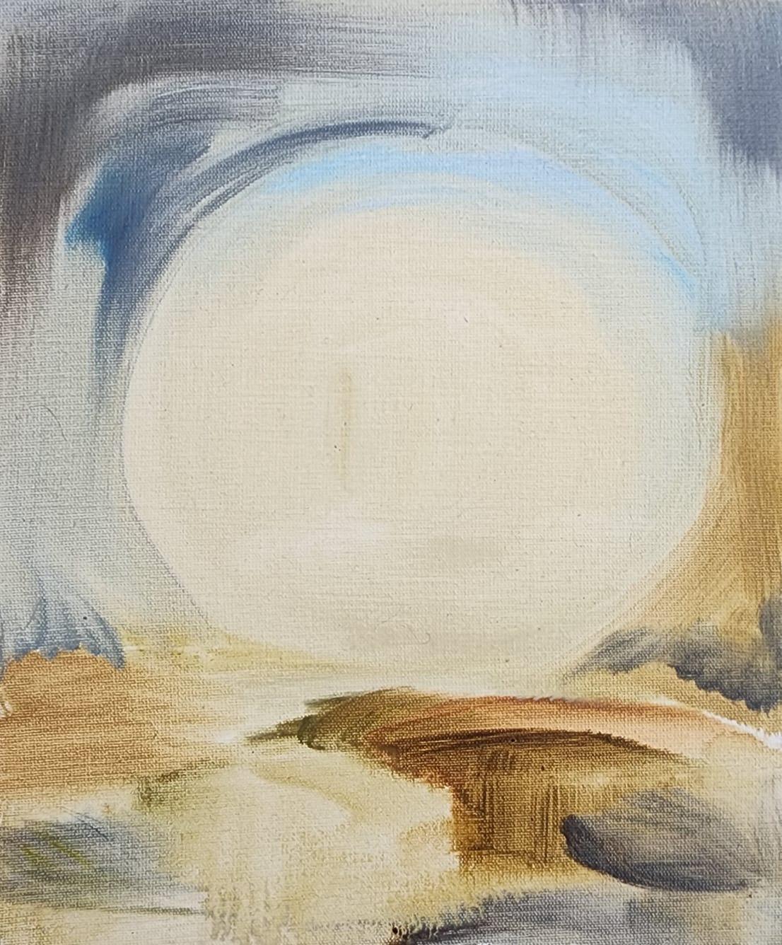 Figurative Painting de Alejandra España  - "La Perla" figurativo, paisaje onírico, azul, marrón, perla
