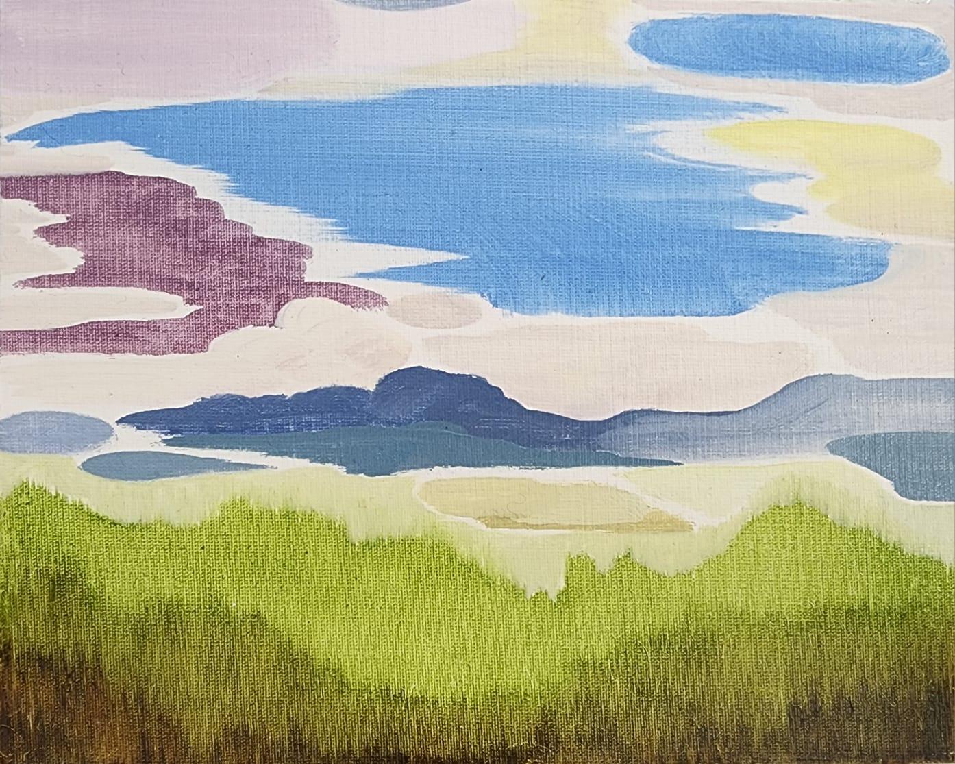 Figurative Painting de Alejandra España  - "Paisaje lenticular I" naturaleza, paisaje, azul, verde, morado, figurativo