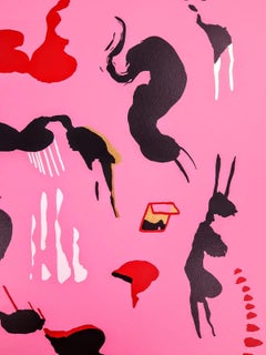 "Voces de sombras" pink contemporary surrealist serigraphy w/gold leaf