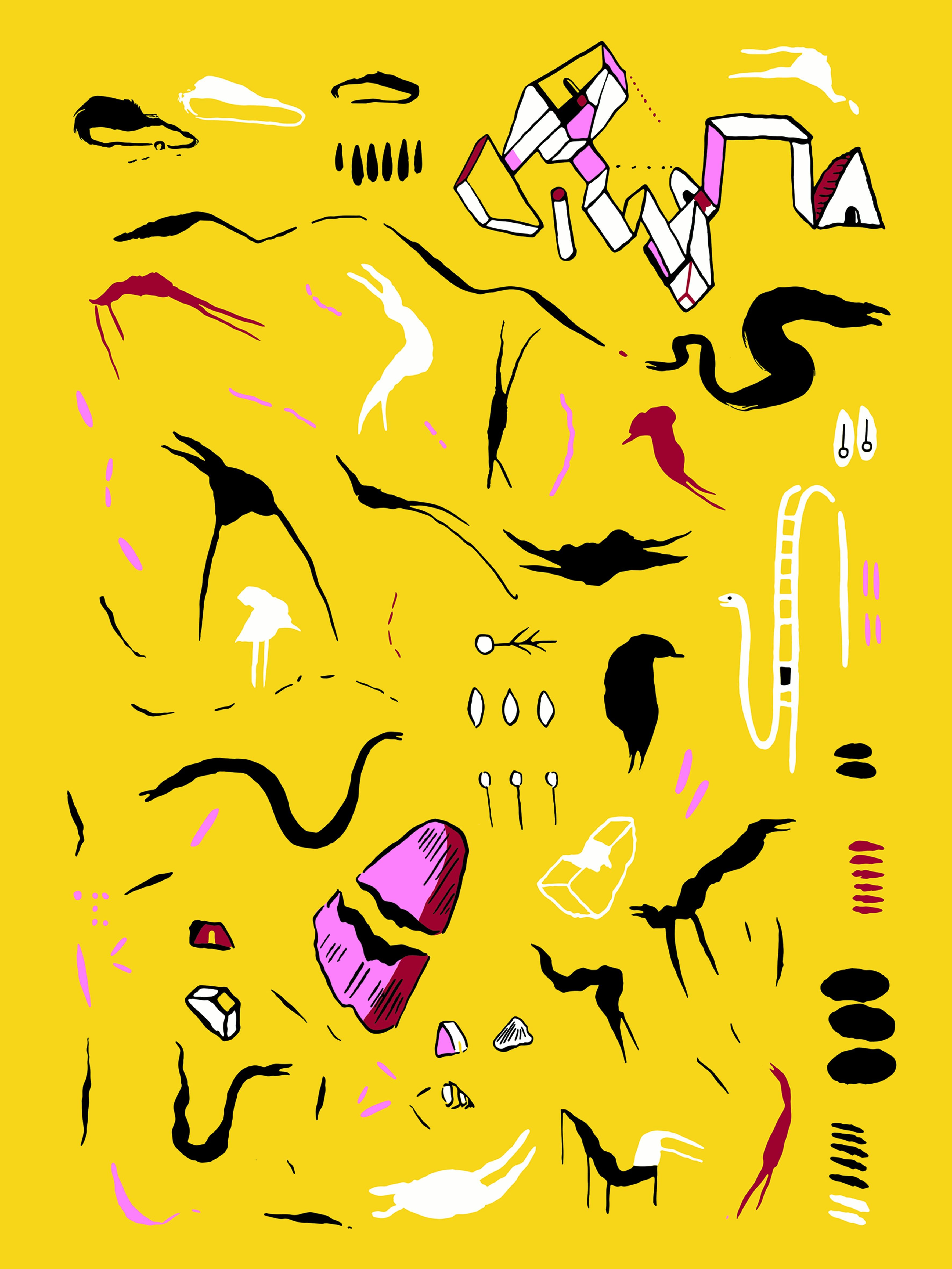 Figurative Print Alejandra España  - "Ver voces II" sérigraphie surréaliste contemporaine jaune avec feuille d'argent.