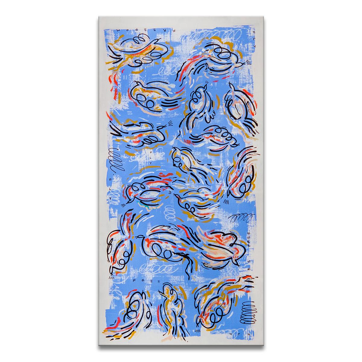 'Fly High Wrapped Canvas Original Painting features abstract figures with the words "fly," free," "be free," and "freedom" hidden throughout the piece in vivid tones of blue, red, beige, golden yellow, black, and gray. Exuding empowerment, Alejandra