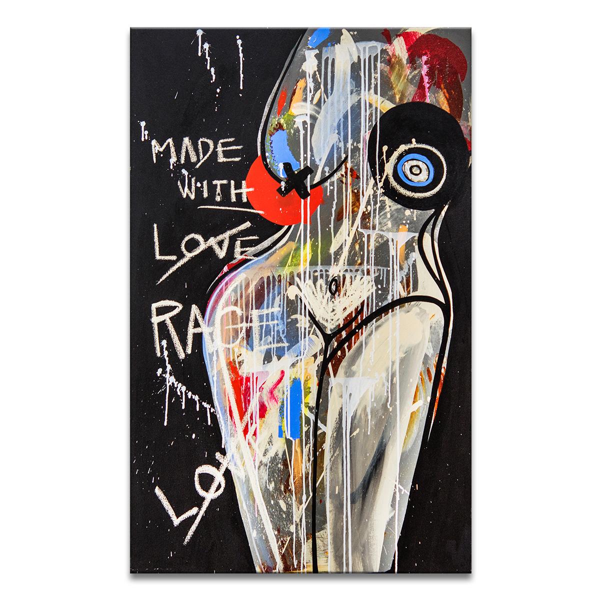 'Made with Love' Wrapped Canvas Original Painting features an abstract female figure adorned by the text "made with love rage" in vivid tones of blue, red, beige, yellow, orange, brown, pink, and gray. Exuding empowerment, Alejandra Linares’s