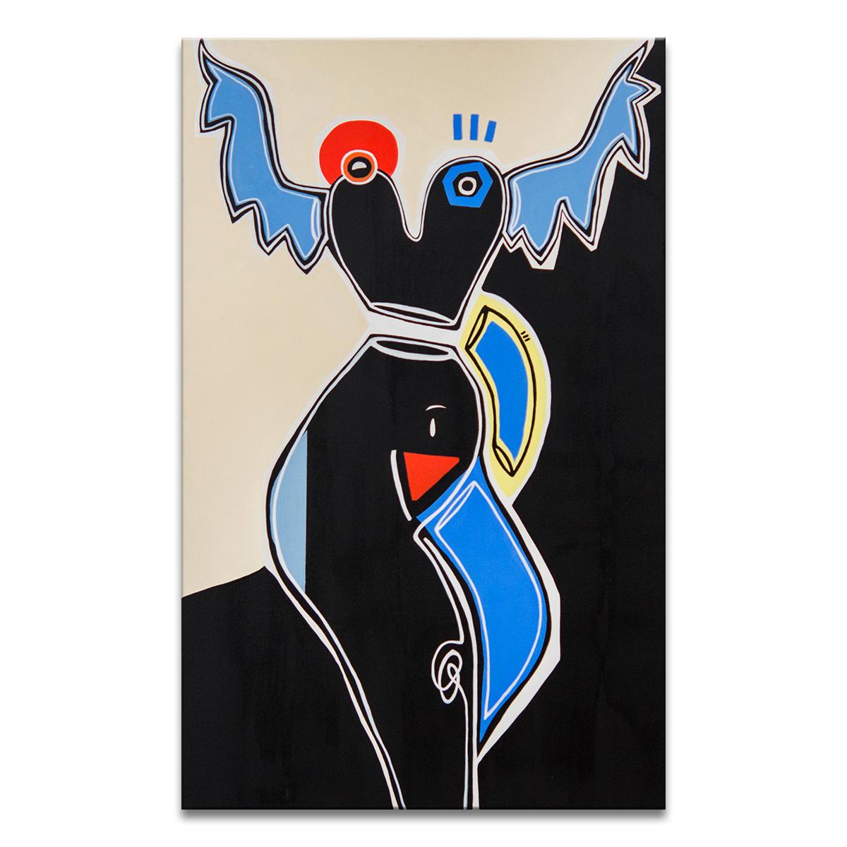 'Pieces of Me' Wrapped Canvas Original Painting features an abstract female figure with wings in vivid tones of blue, red, beige, yellow, and black. Exuding empowerment, Alejandra Linares’s artwork is a collective of rich color and strong abstract