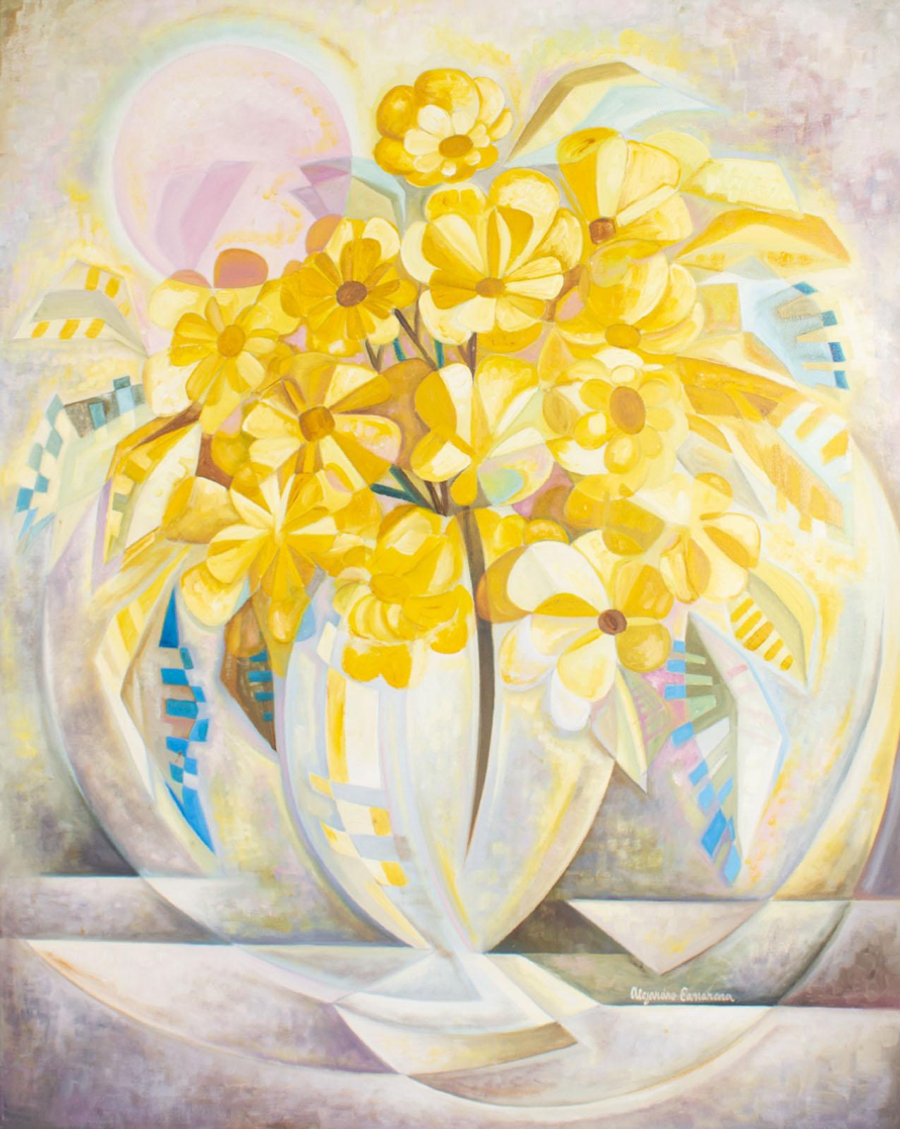 Pintura abstracta al óleo sobre lienzo del artista mexicano Alejandro Camarena (1942-2011). Esta obra abstracta representa un vibrante arreglo de flores amarillas dispuestas en un jarrón de cristal. Los diseños y formas de inspiración Art Déco