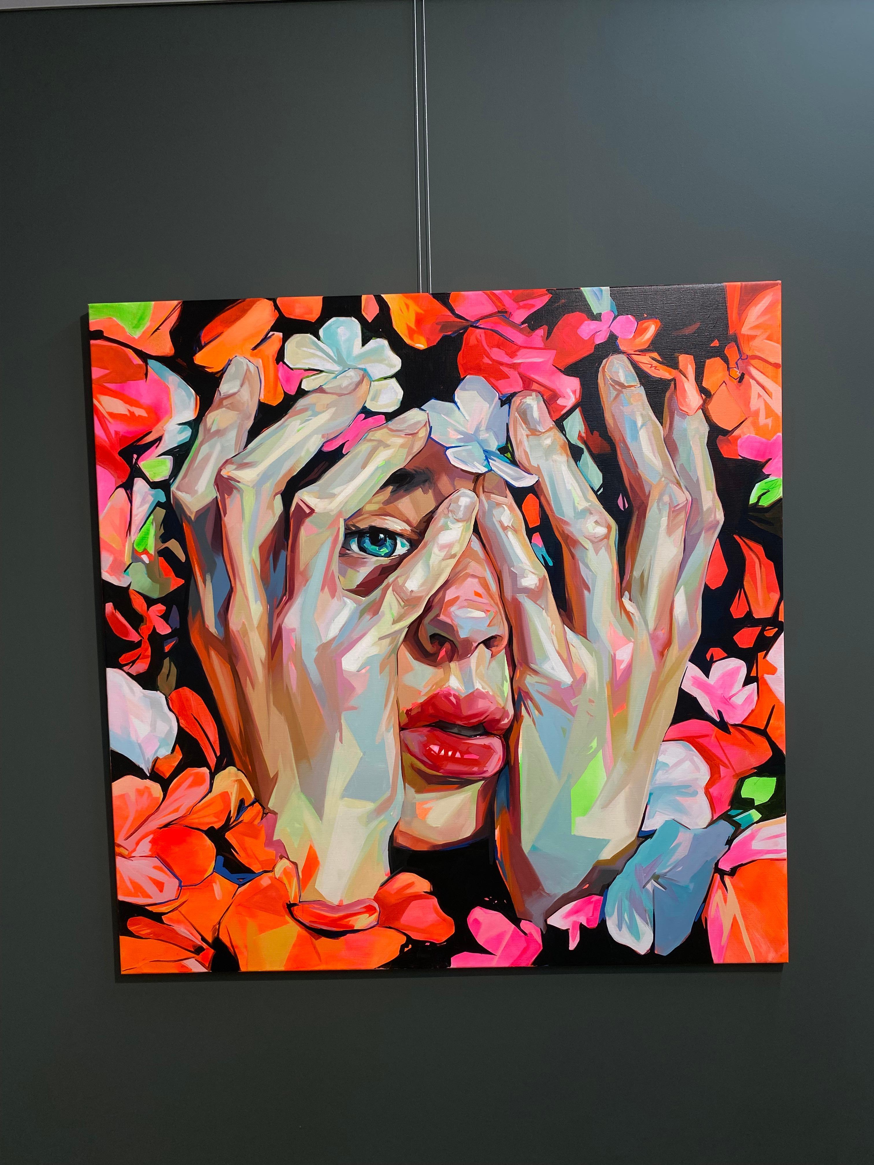 Forced to Bloom - Zeitgenössische Porträtmalerei des 21. Jahrhunderts mit Blumen – Painting von Alejandro Casanova