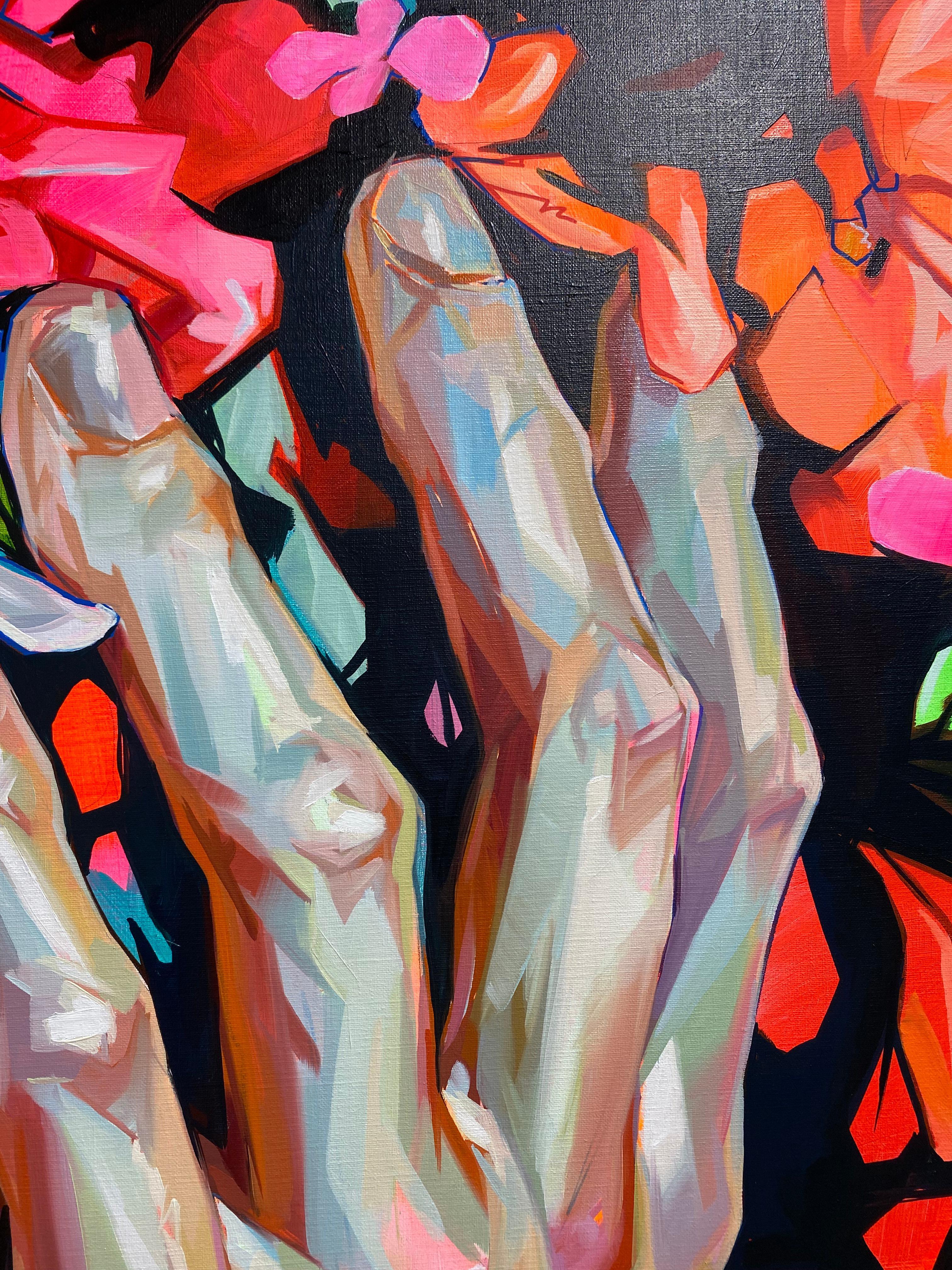 Forced to Bloom - Zeitgenössische Porträtmalerei des 21. Jahrhunderts mit Blumen (Orange), Figurative Painting, von Alejandro Casanova