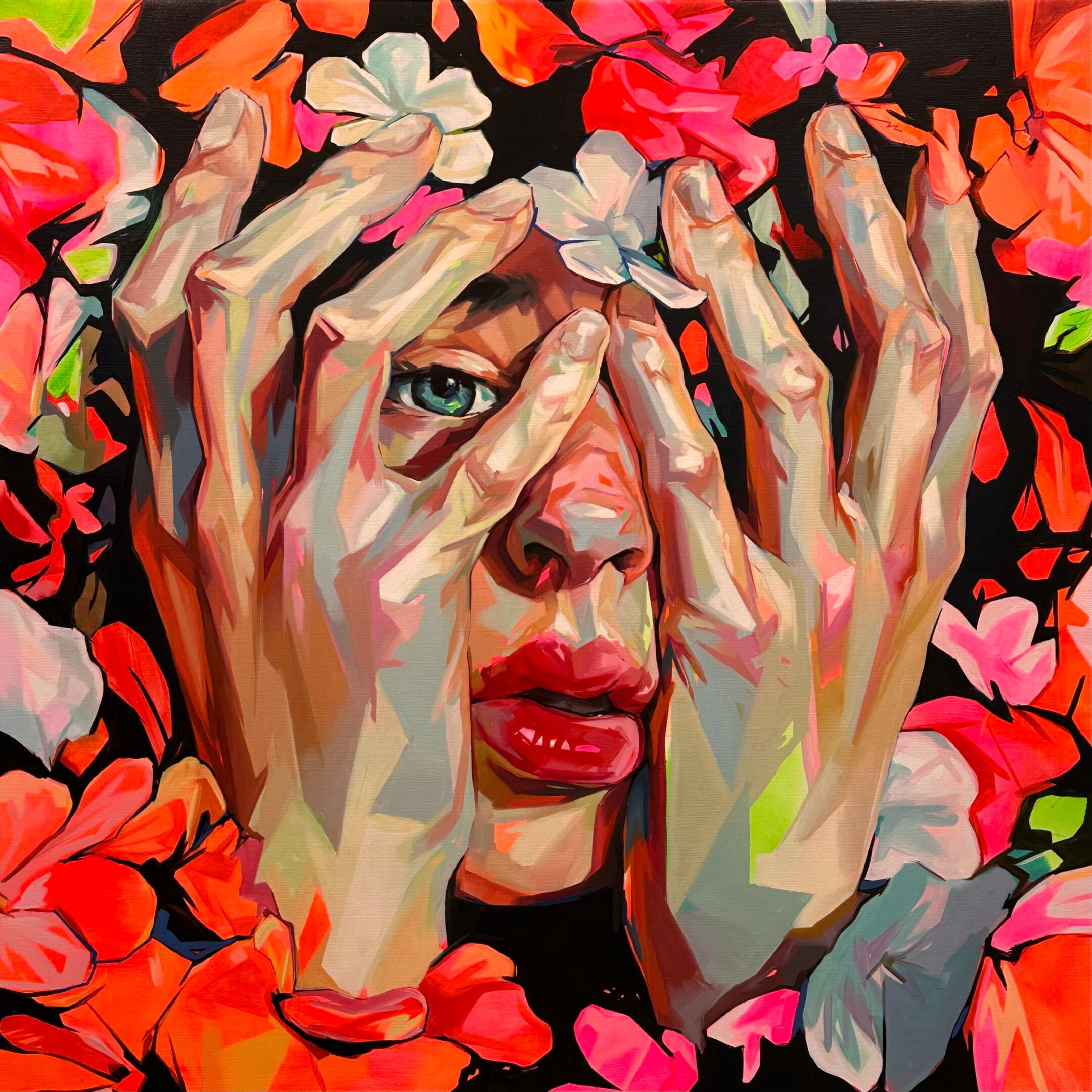 Alejandro Casanova Figurative Painting – Forced to Bloom - Zeitgenössische Porträtmalerei des 21. Jahrhunderts mit Blumen