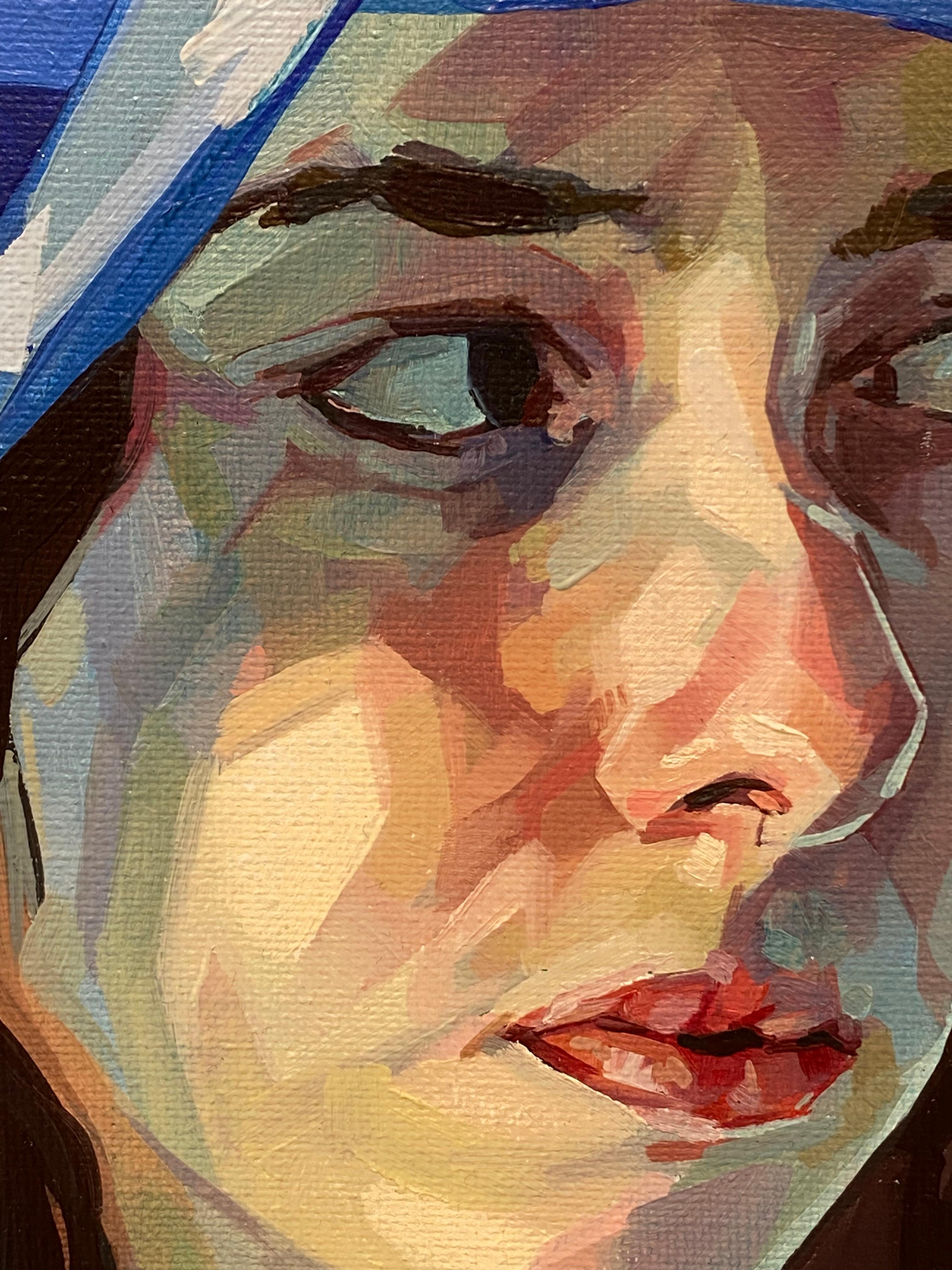 Refugio de Azul sobre Rosa - Retrato contemporáneo del siglo XXI de una mujer - Figurative Painting Púrpura de Alejandro Casanova