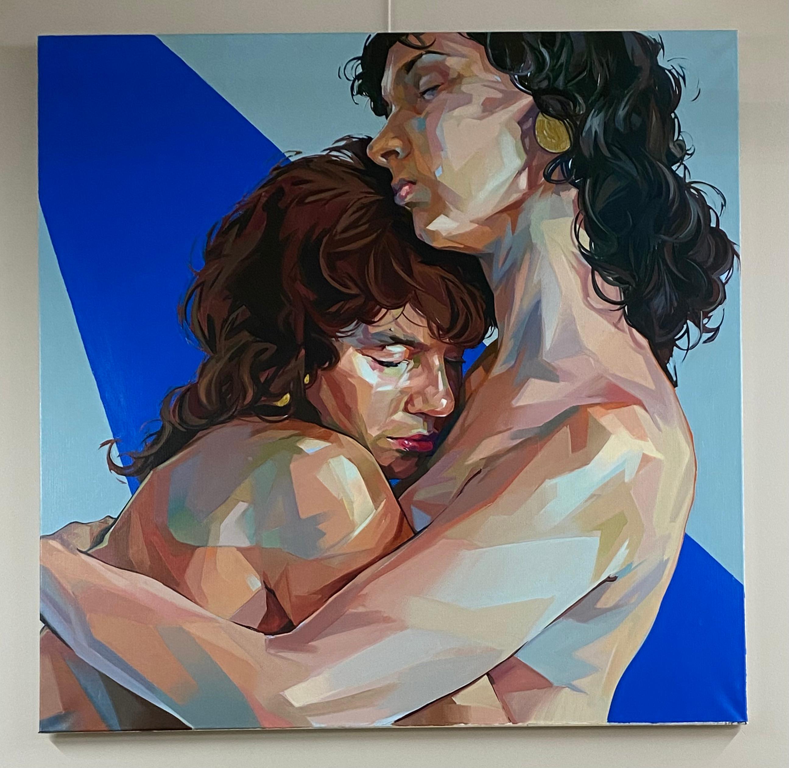 Were We Find Refuge - 21st Century Contemporary Painting of two woman - Gray Figurative Painting by Alejandro Casanova