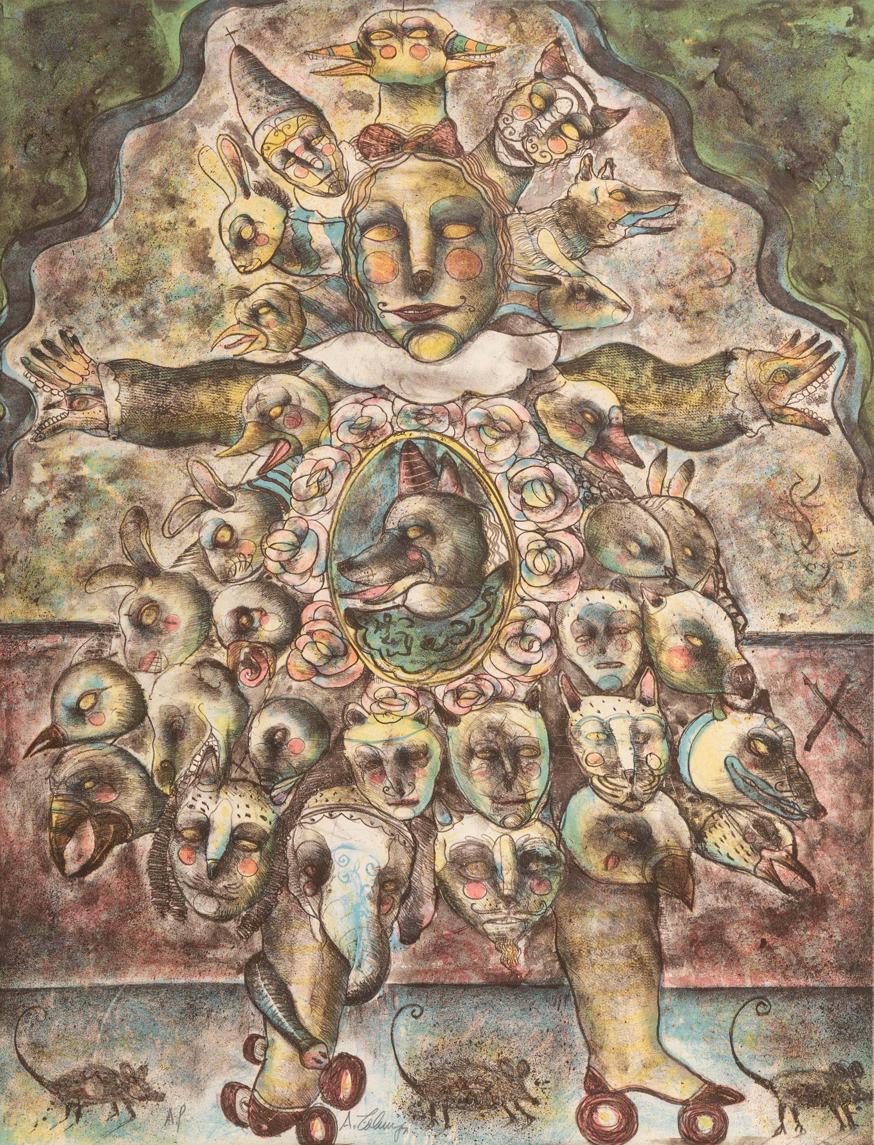 Künstler: Alejandro Colunga, Mexikaner (1948 - )
Titel: Nina con Vestido de Animalitos
Jahr: 1979
Medium: Lithographie auf Arches, signiert und nummeriert mit Bleistift
Auflage: 110, AP
Größe: 30 x 22 Zoll; 76 x 56 cm