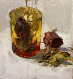 "Vetro e fiori secchi". Figurativo, Realismo, natura morta, olio su tavola