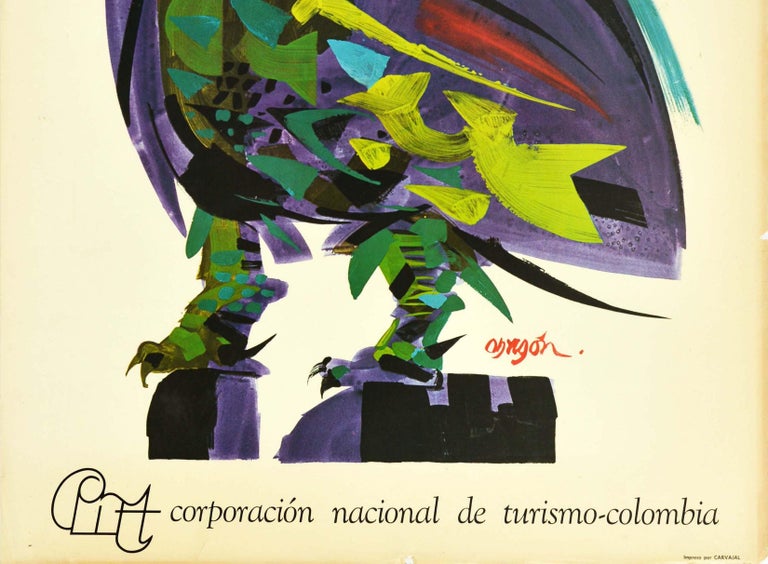 Original Vintage Travel Poster Colombia South America Andean Condor Bird Design - Yellow Print by Alejandro Obregon