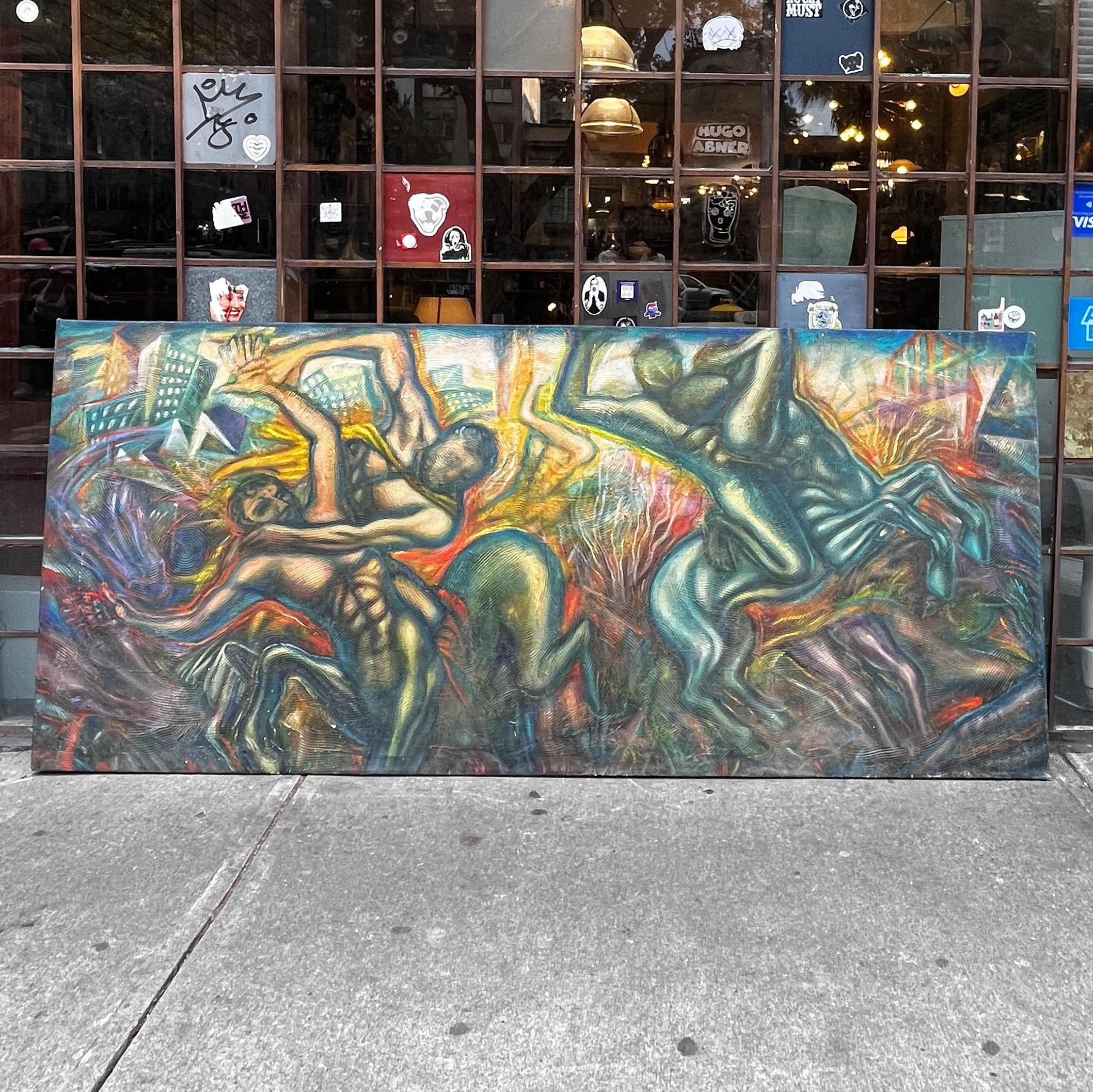 A centaur battle oil on canvas painting by Mexican - American painter Alejandro Romero. The painting is signed and date 1990 on the lower right corner. 

Alejandro Romero was born in 1948 in the mexican state of Tabasco. He spent his youth in Mexico