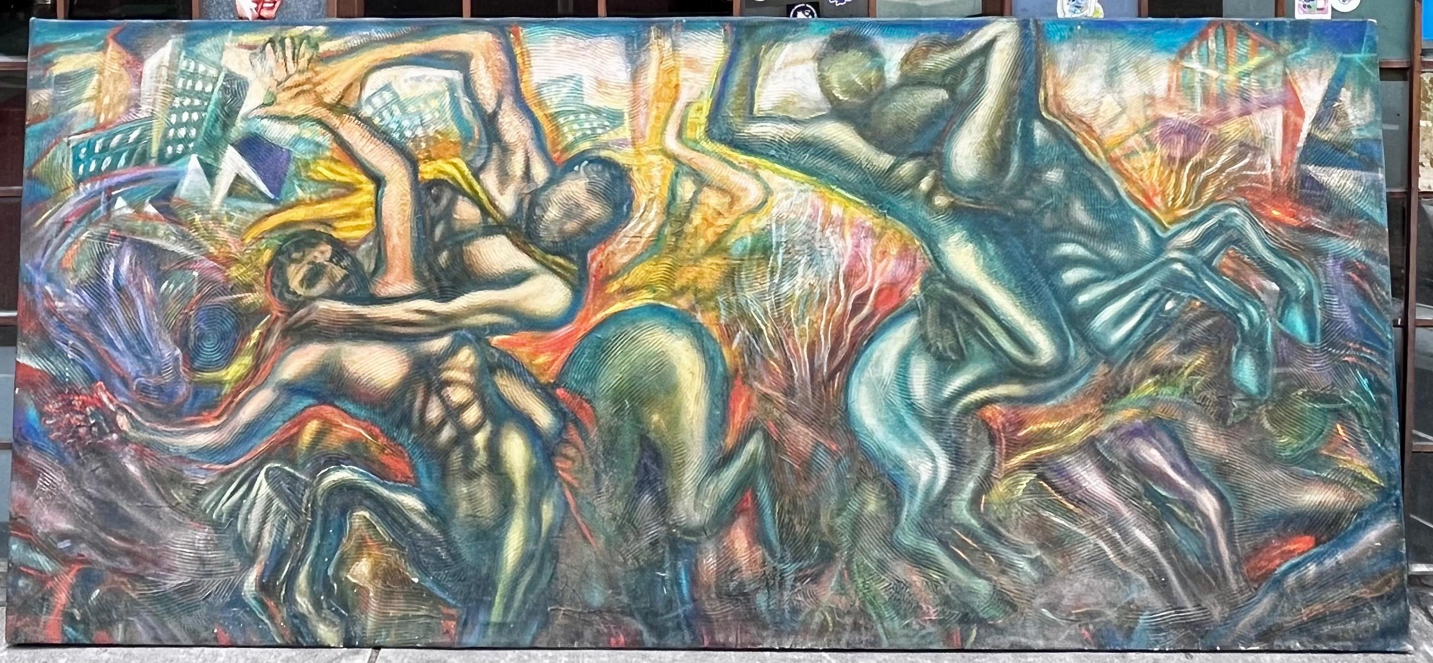 Post-Modern Alejandro Romero Centaurs Battle Oil on Canvas Large Painting For Sale