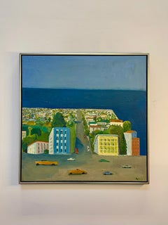 Contemporary Coastal Town Oil Painting on Canvas, Framed, 21st Century