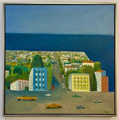 Peinture à l'huile sur toile représentant une ville côtière contemporaine, encadrée, XXIe siècle
