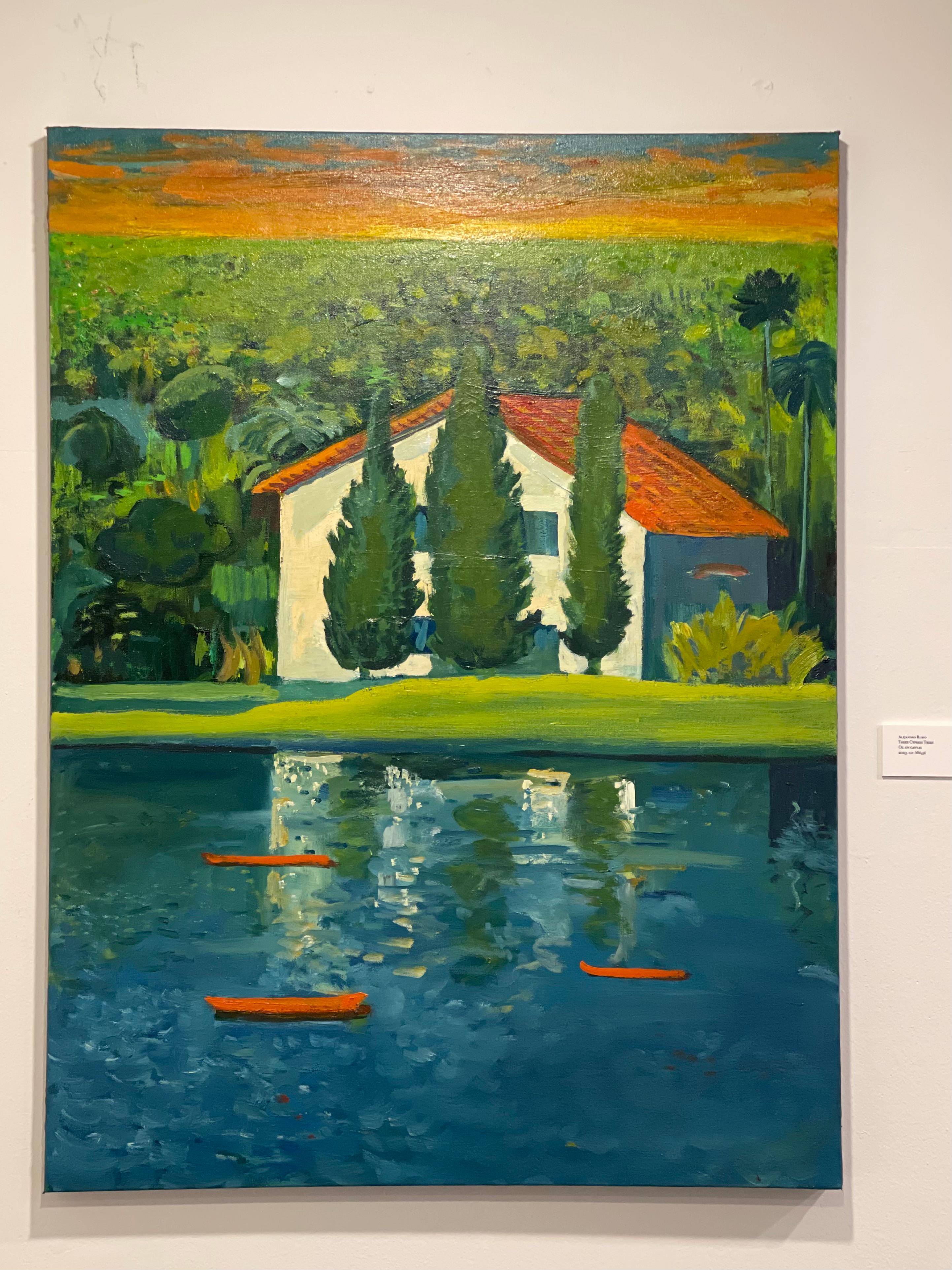 Tre cipressi - Painting di Alejandro Rubio