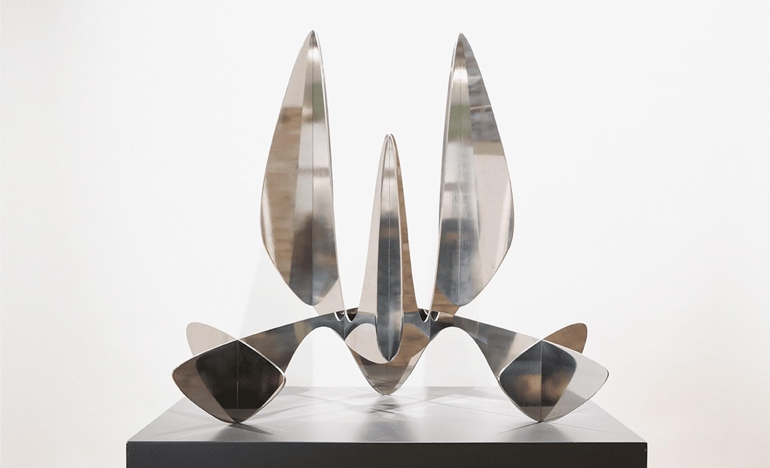 Barricada #14 aip M105 is a polished stainless steel sculpture by contemporary artist Alejandro Vega Beuvrin, dimensions are 105.7 × 106.1 × 61.4 cm (41.6 × 41.8 × 24.2 in). 
The sculpture is signed and numbered, it is part of a limited edition of 5