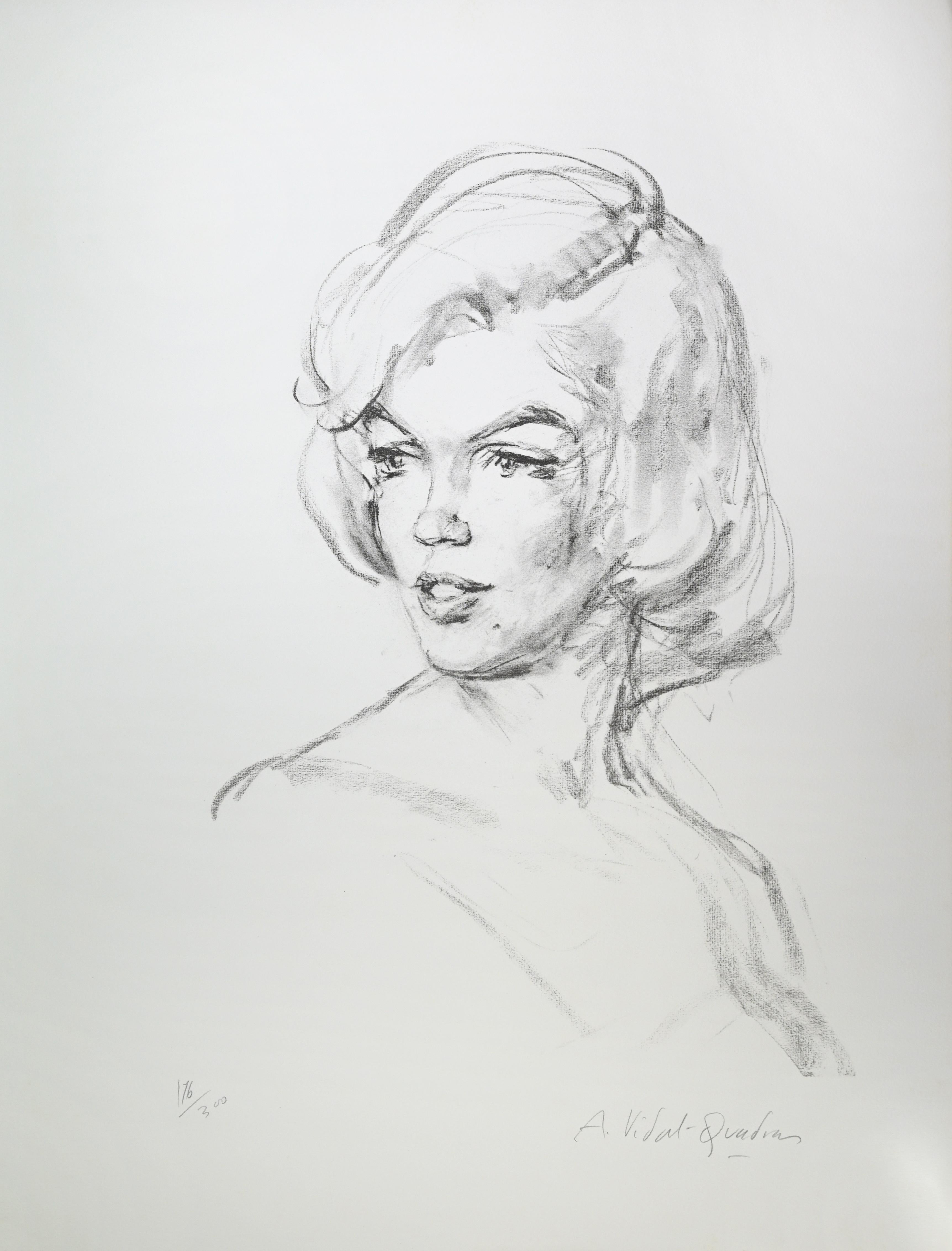 Just  Marilyn  is a black and white lithograph realized by Alejo Vidal-Quadras in the 20th century.

Hand-signed by the artist in pencil on the lower right. Numbered in pencil on the lower left.

Edition of 176/300.

Good condition. 

Very beautiful