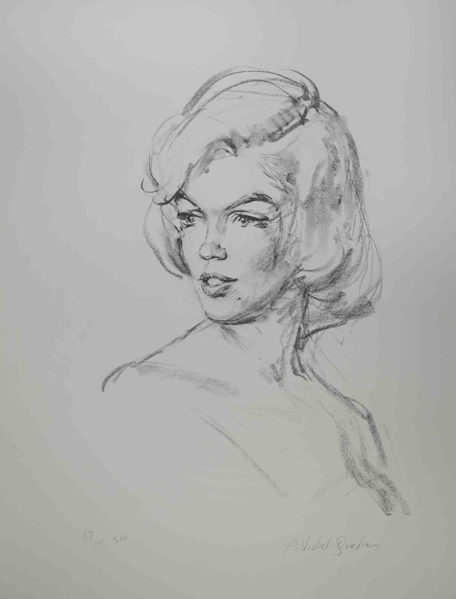 Just  Marilyn  is a black and white lithograph realized by Alejo Vidal-Quadras in the 20th century.

Hand-signed by the artist in pencil on the lower right. Numbered in pencil on the lower left.

Edition of 176/300.

Good condition. 

Very beautiful